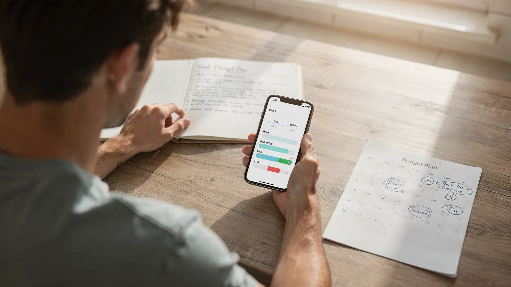 A beginner-friendly budgeting setup scene: a person at a kitchen table with a smartphone showing a clean personal finance dashboard, a notebook with “Week 1 Budget Plan” written on it, and a few simplified expense categories like Rent, Groceries, Gas, and Fun. A calendar page shows a few bill due dates circled.