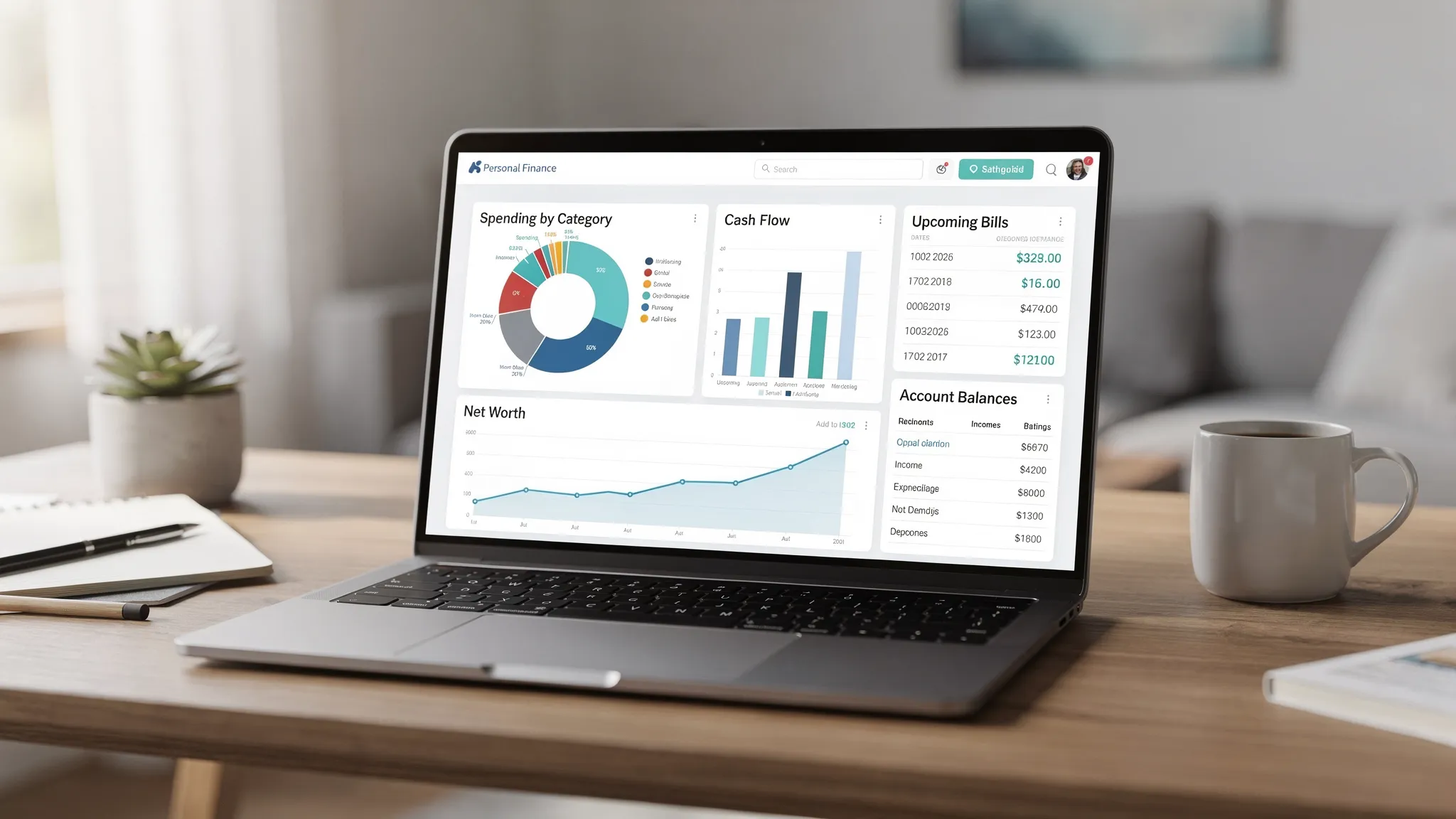Good Money Tracking Apps: How to Spot the Reliable Ones 3 A clean, high-level personal finance dashboard view showing sections for spending by category, upcoming bills, cash flow, net worth trend line, and account balances. The dashboard is generic with no brand names, displayed on a laptop screen facing the viewer on a home desk.