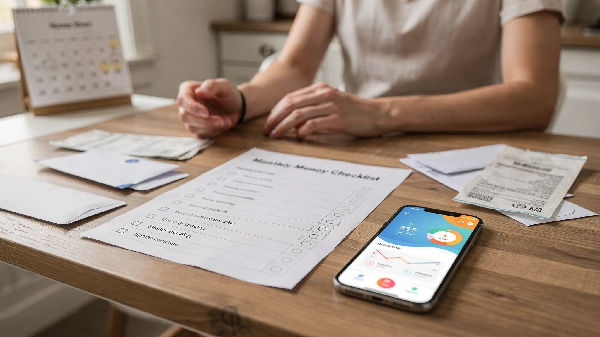 A person at a kitchen table reviewing a simple monthly money checklist on paper beside a phone showing a finance tracking app, with bills and a calendar visible.