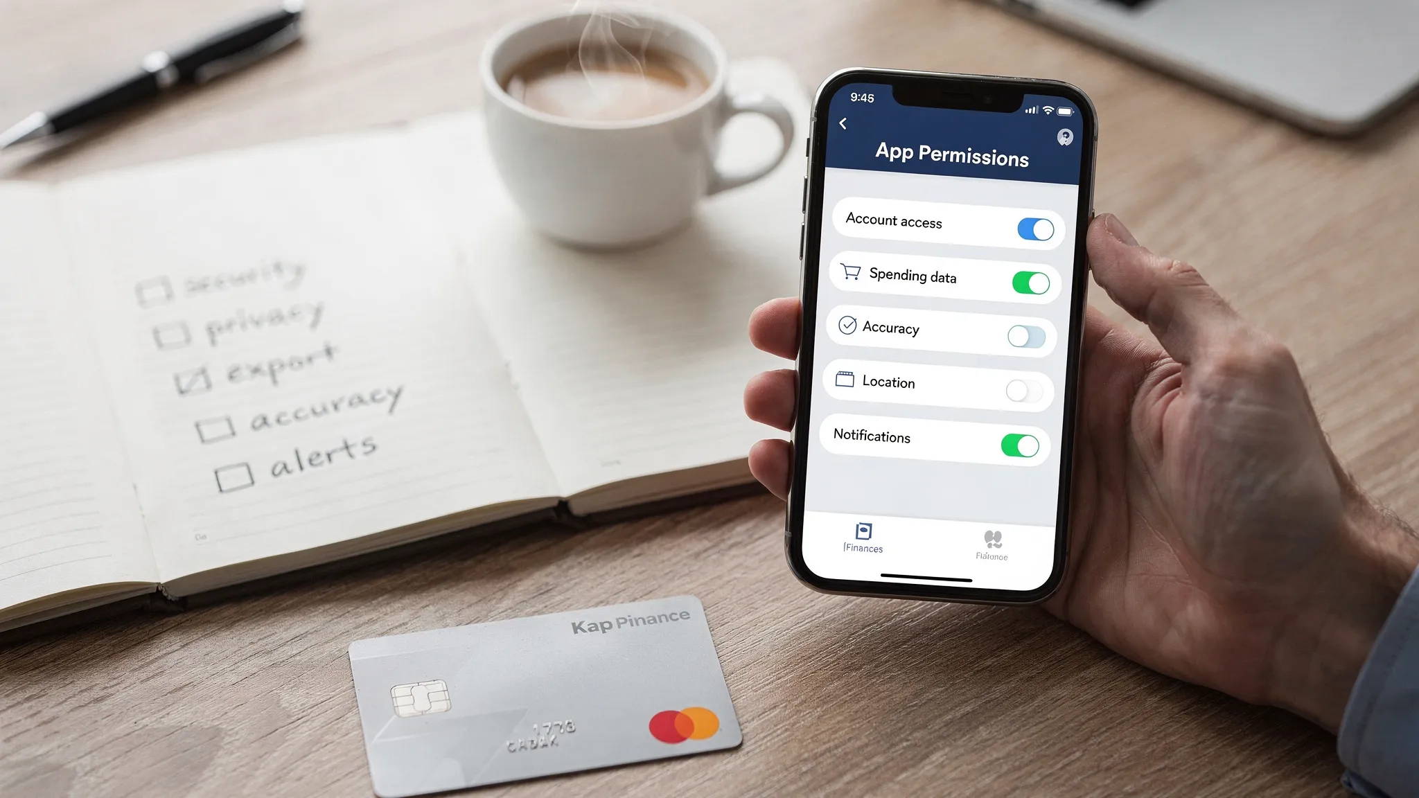 Good Money Tracking Apps: How to Spot the Reliable Ones 2 A person holding a smartphone with a finance app permission screen open, next to a notebook listing a short checklist: security, privacy, export, accuracy, alerts. The scene is a tidy desk with a debit card and a cup of coffee, emphasizing careful evaluation of financial apps.