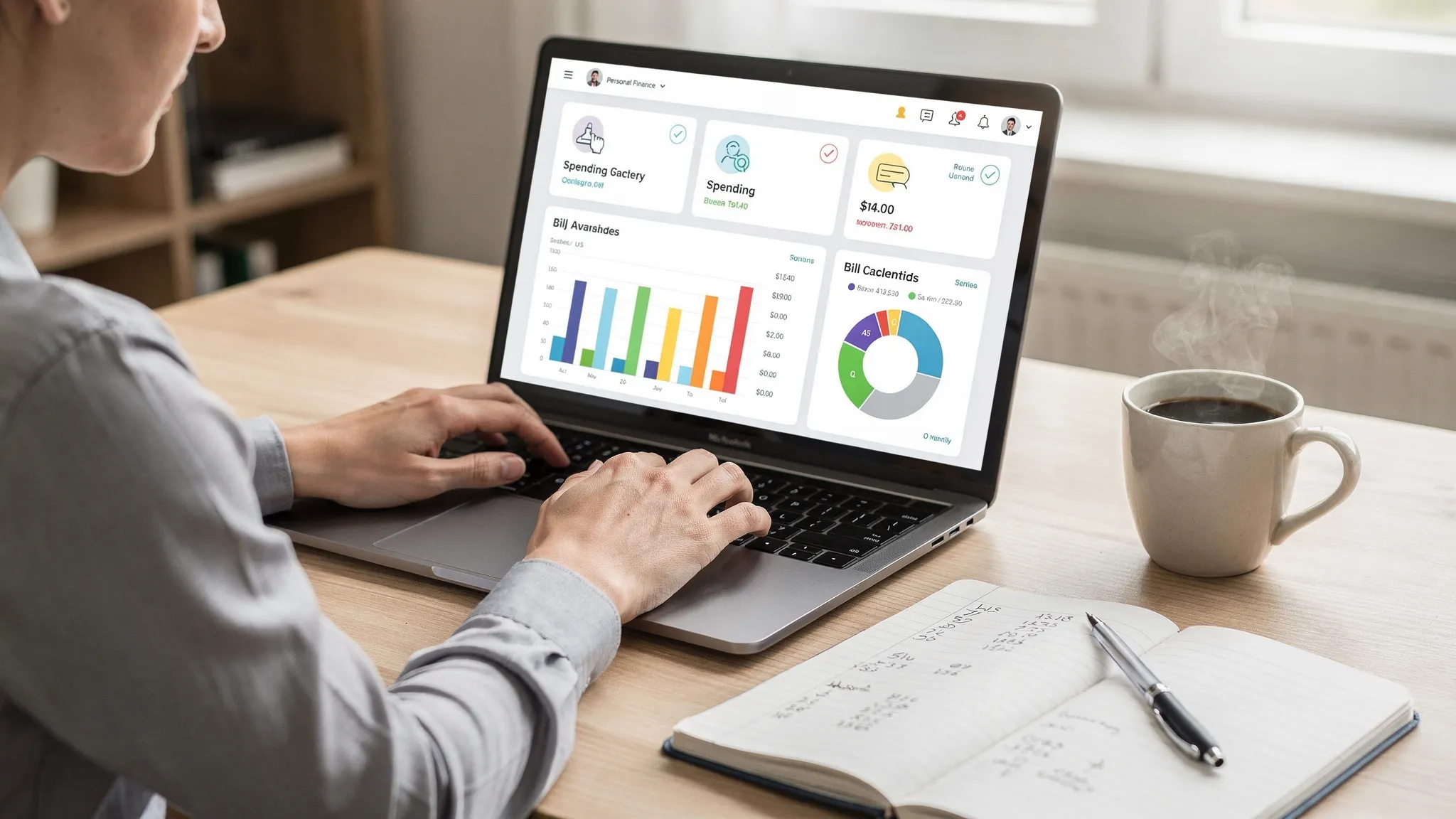 Best Expenditure Tracking App: How to Choose the Right One 2 A person reviewing a personal finance dashboard with spending categories, monthly totals, and bill due reminders, with a notebook and coffee on the desk. The laptop screen faces the viewer and shows a clean, generic budget overview without recognizable brand logos.