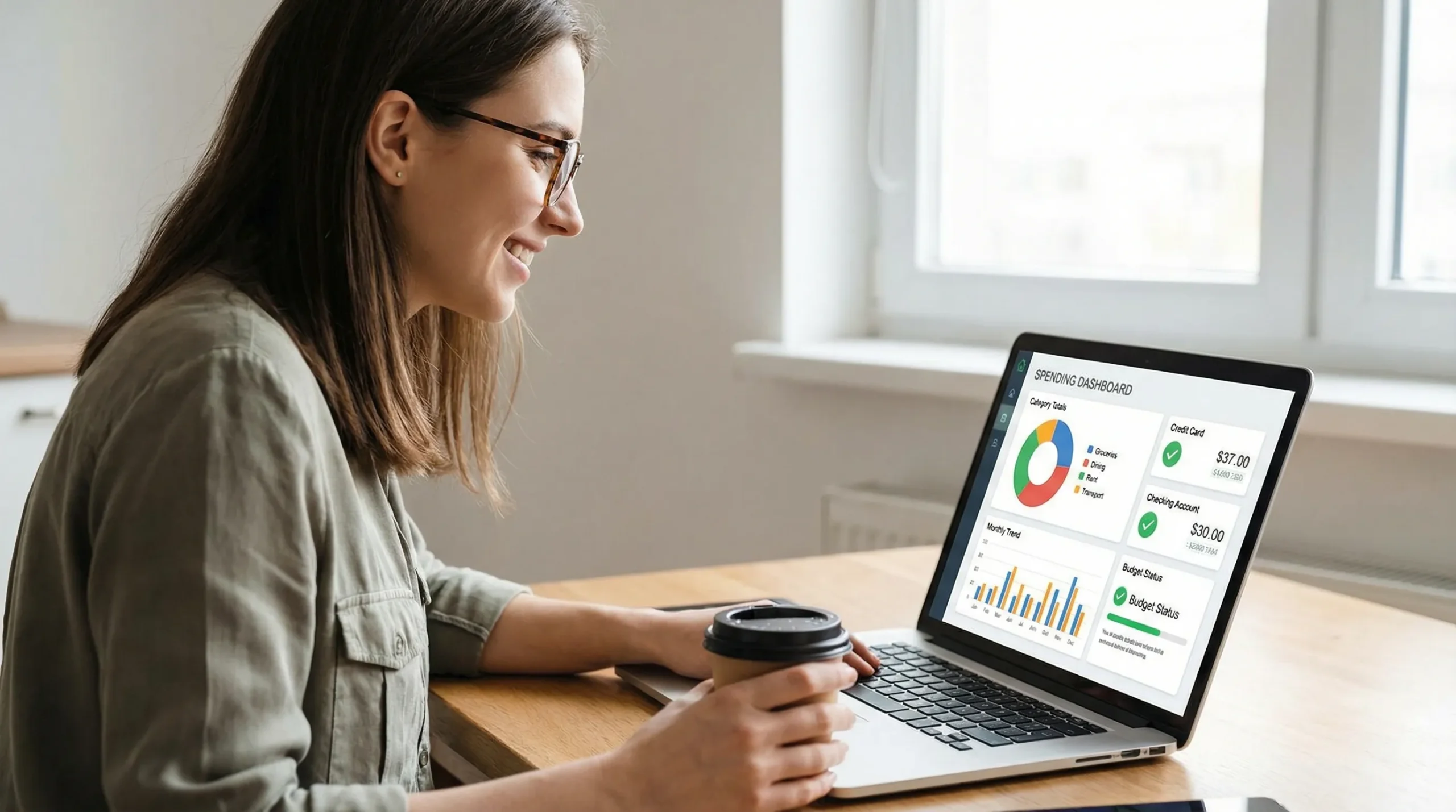 Best App to Keep Track of Spending: A Quick Comparison 2 A person reviewing a spending dashboard with category totals and monthly trend charts, showing credit card, checking, and budget status in a clean personal finance app interface.
