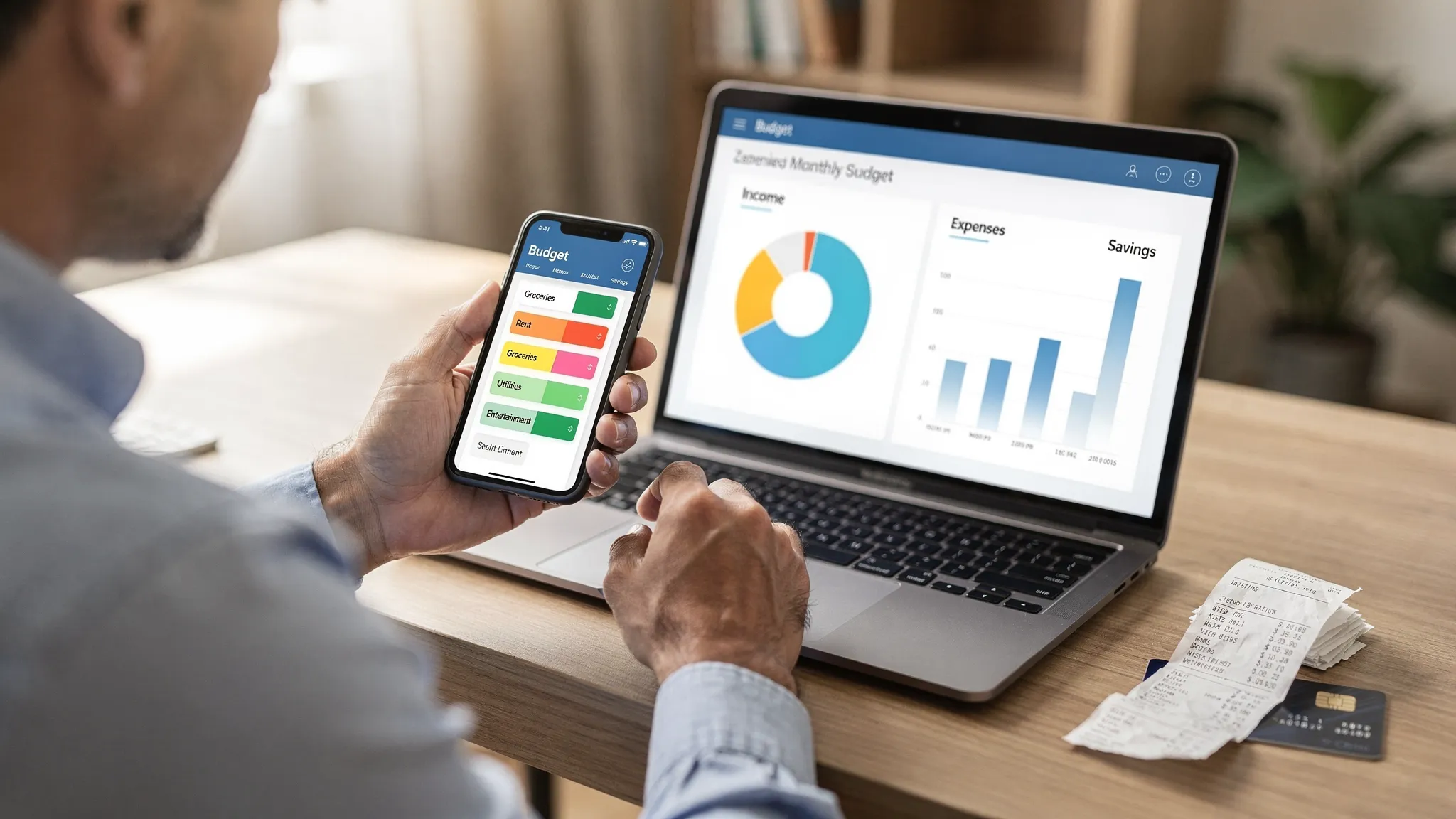 Best Spending Tracker App: Top Options for 2026 2 A person reviewing spending categories on a smartphone while a laptop shows a simple monthly budget dashboard, with a few receipts and a credit card on the desk.