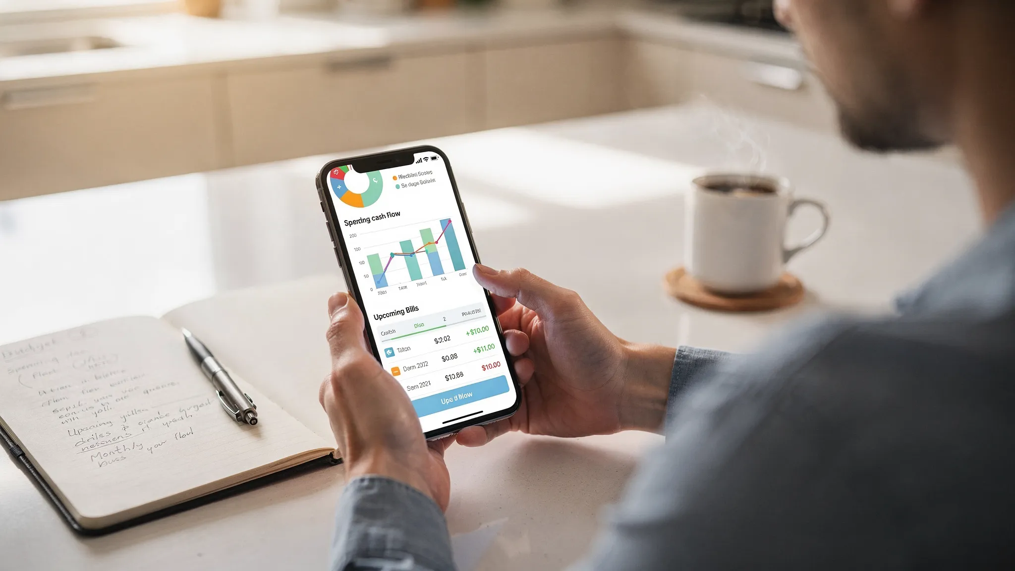 Best Financial Apps: A Shortlist for Smarter Money 2 A person reviewing their budget on a smartphone at a kitchen table with a notebook and coffee nearby, with simple charts showing spending categories, cash flow, and upcoming bills.