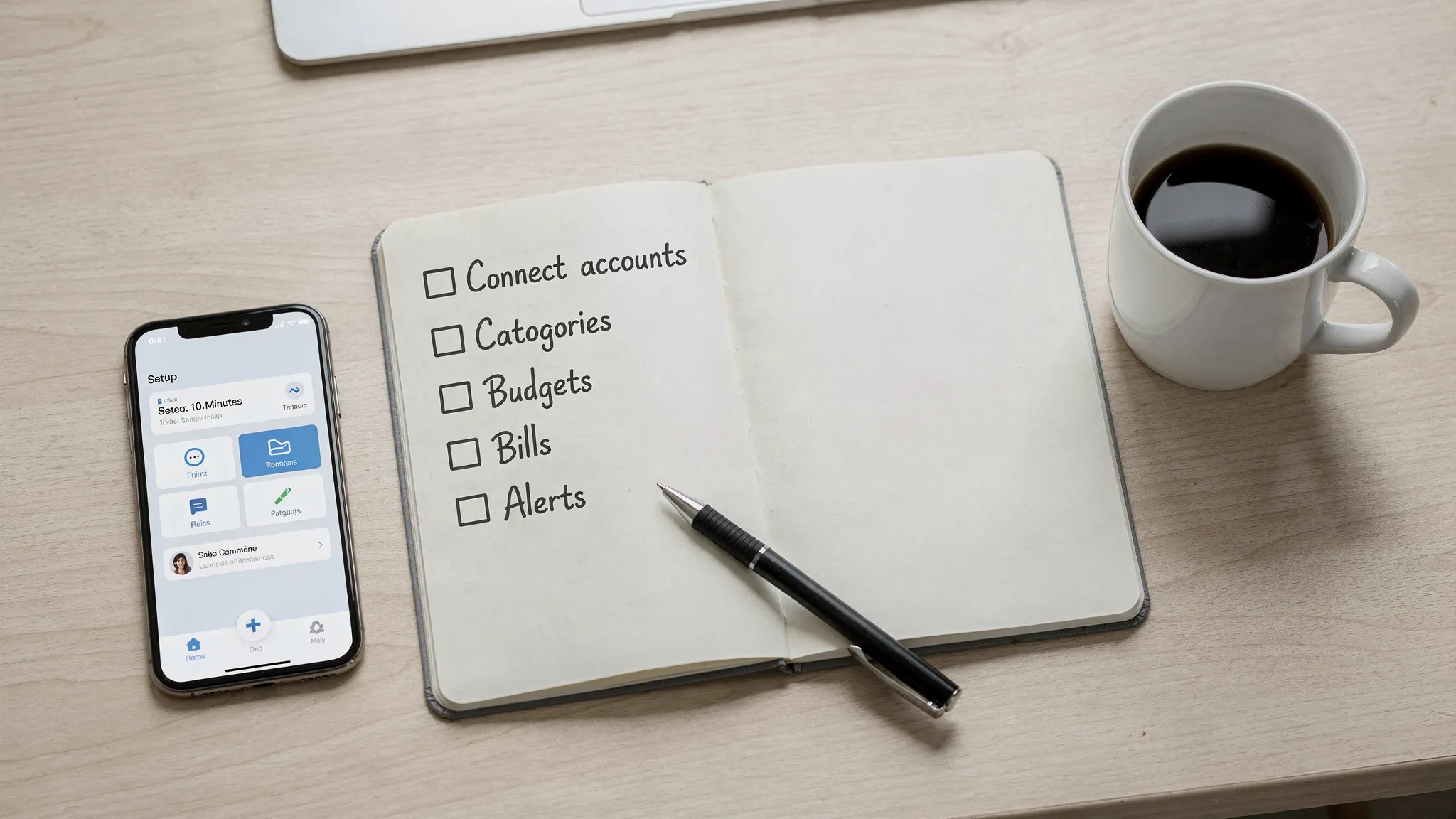 Keep Track of Spending App: Set Up in 10 Minutes 2 A simple 10-minute spending app setup checklist shown as a clean desk scene with a notebook listing steps (connect accounts, categories, budgets, bills, alerts) next to a phone and a coffee mug.