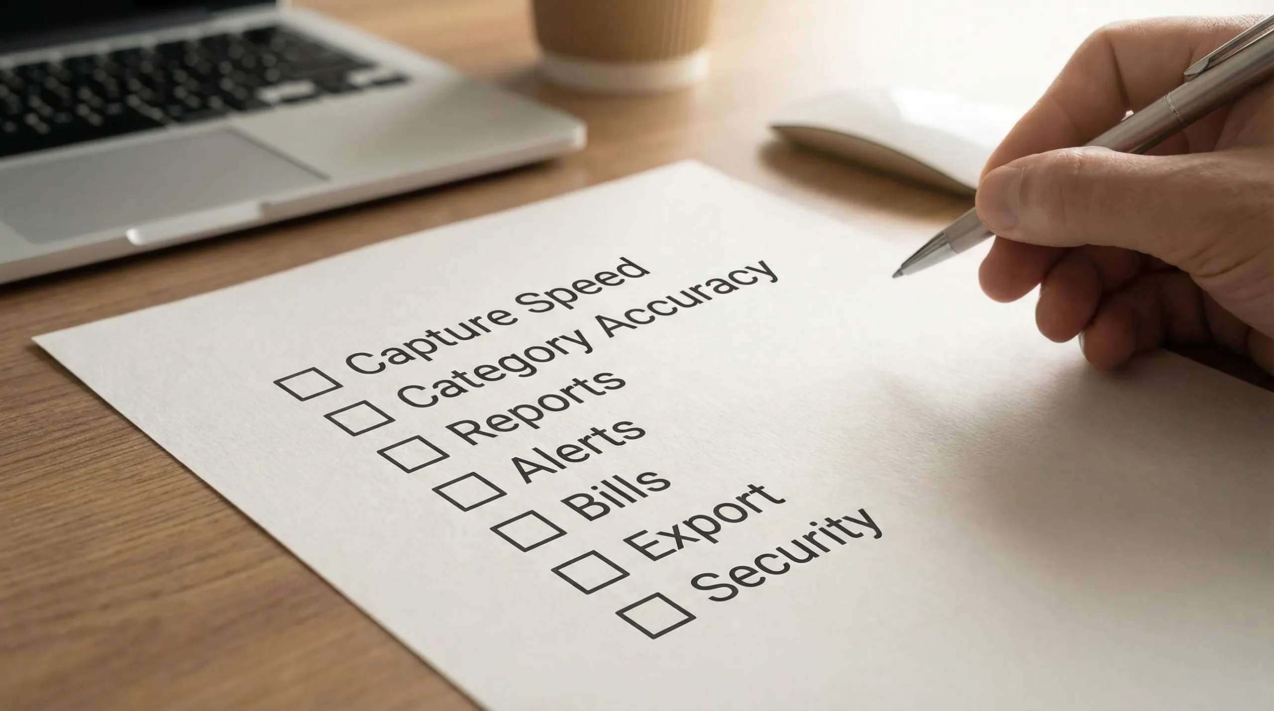 Best Expenditure Tracking App: How to Choose the Right One 3 A simple checklist graphic showing evaluation criteria for an expenditure tracking app: capture speed, category accuracy, reports, alerts, bills, export, and security. The design is clean and generic, with checkboxes and short labels.