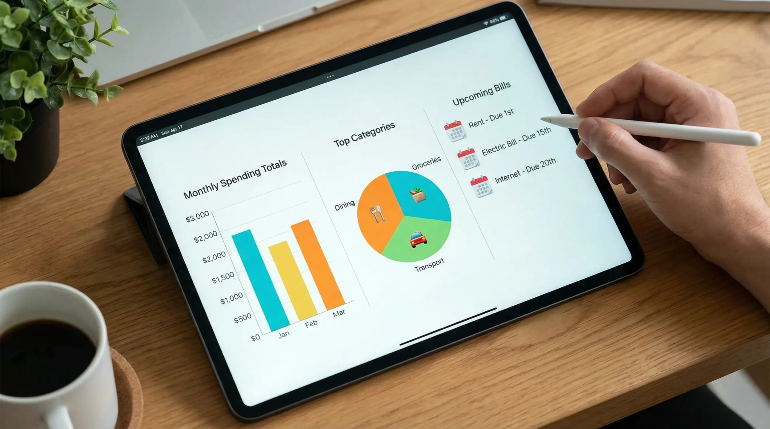 Best Spending Tracker App: Top Options for 2026 3 A simple comparison view showing monthly spending totals, top categories, and upcoming bills on a clean dashboard layout with charts and icons.