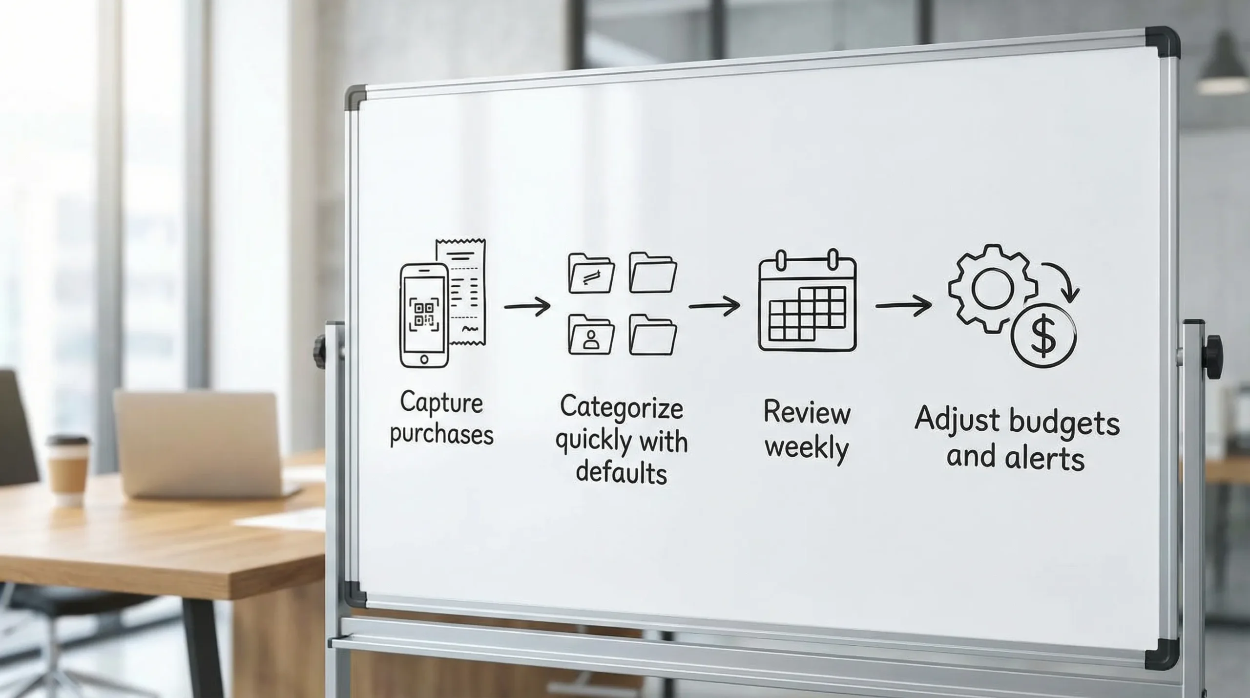 App for Expenses: How to Log Purchases Without Burnout 2 A simple four-step flow diagram showing sustainable expense tracking: Capture purchases, Categorize quickly with defaults, Review weekly, Adjust budgets and alerts.