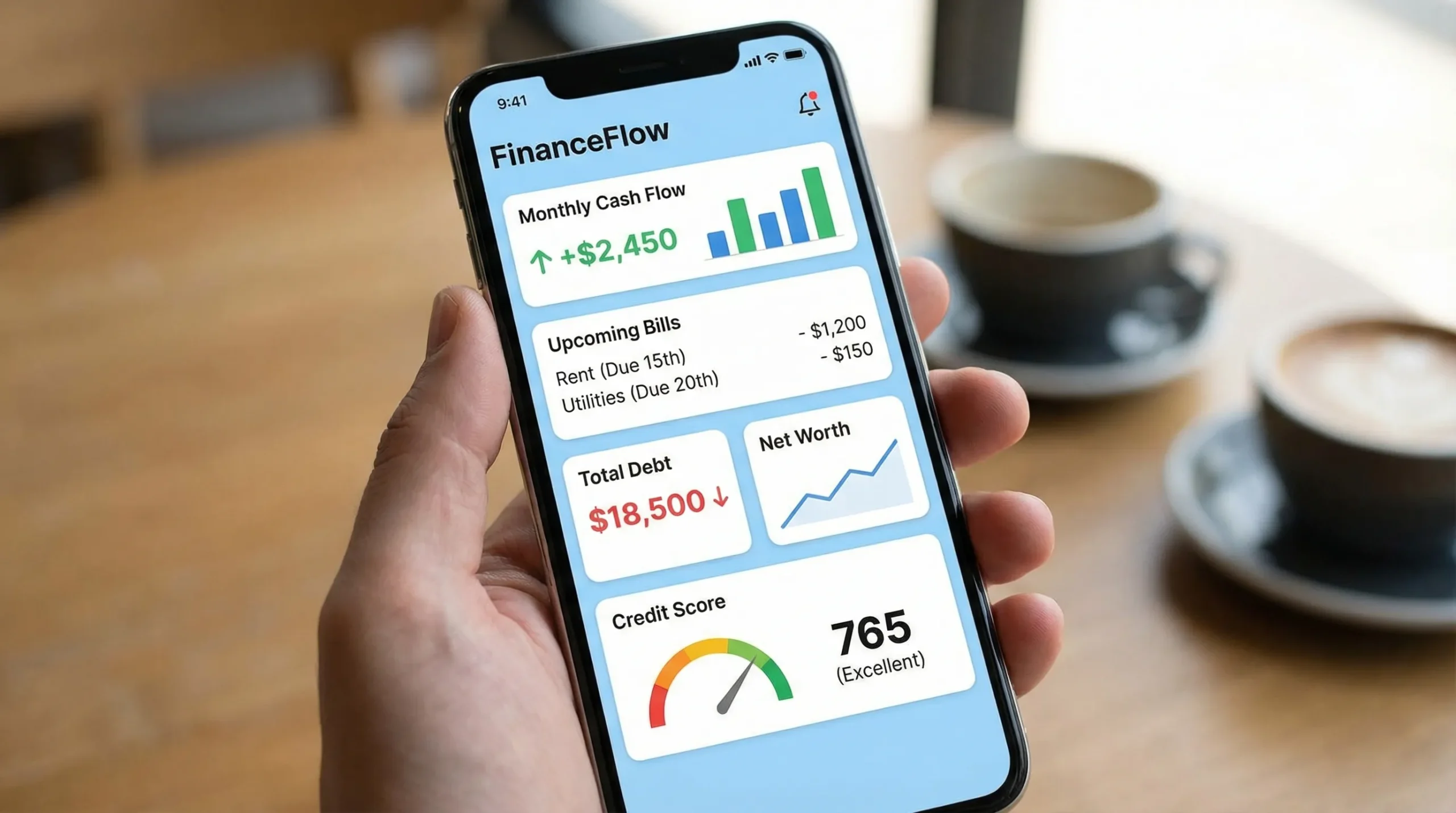 A simple personal finance dashboard showing key cards for monthly cash flow, upcoming bills with due dates, total debt balance, net worth trend line, and credit score, presented in a clean app style layout.