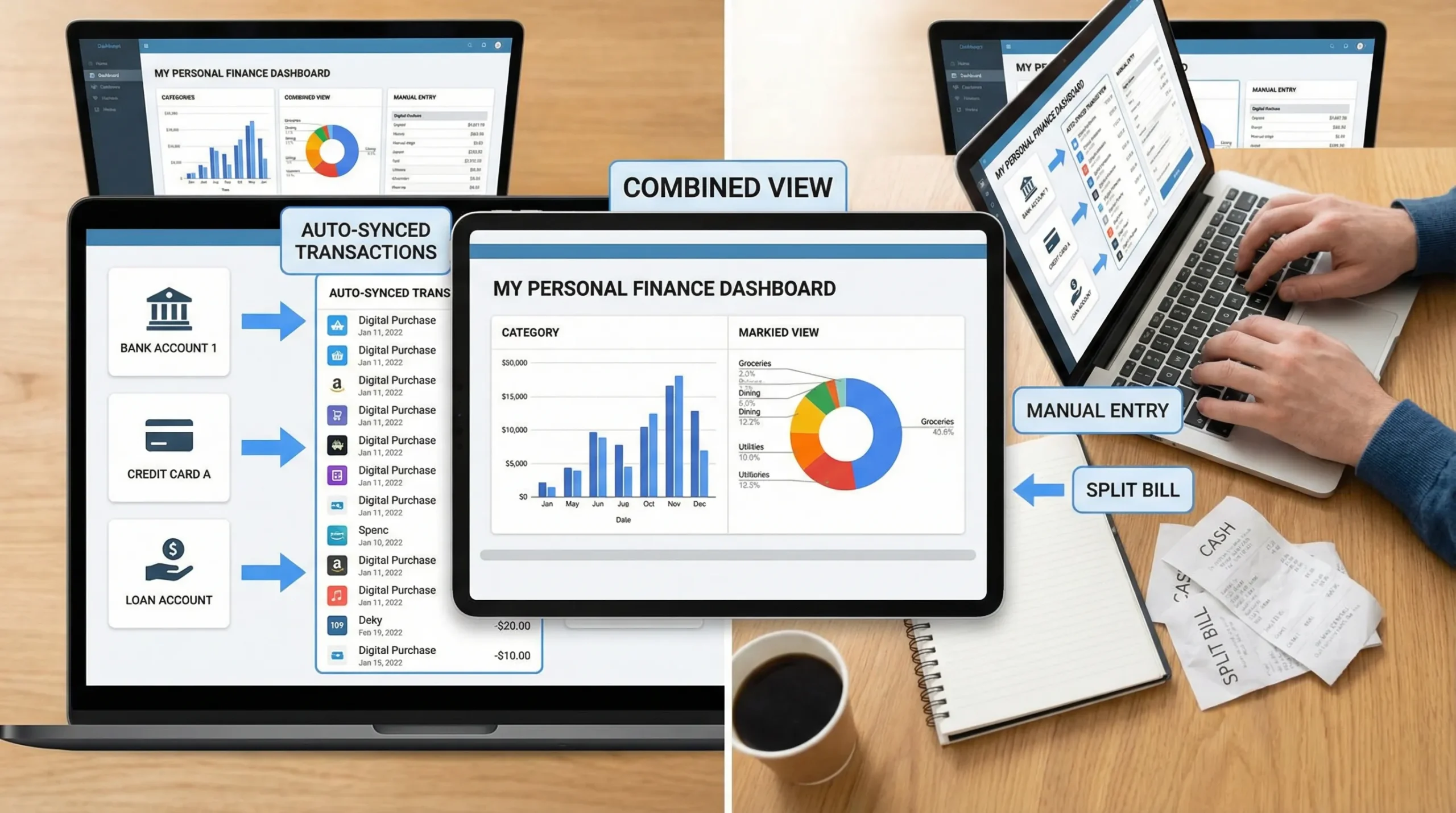 A simple side-by-side visual showing bank sync automatically pulling transactions from multiple accounts while manual tracking adds cash purchases and split categories, combining into one personal finance dashboard.