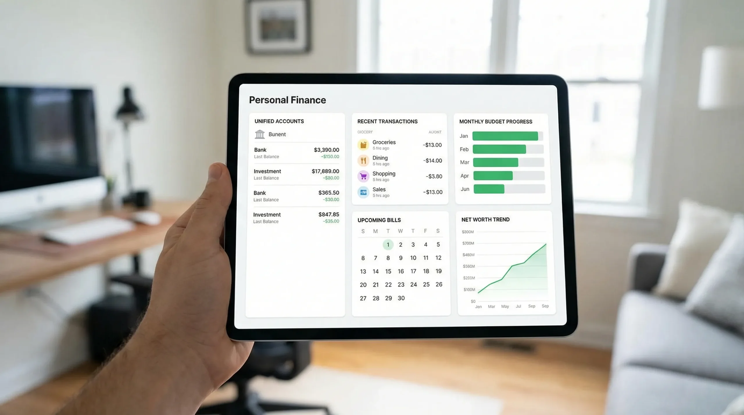 Money Manager Software: What It Should Do in 2026 2 An illustration of a modern personal finance dashboard showing a unified view of accounts, recent transactions with categories, monthly budget progress bars, upcoming bills calendar, and a net worth trend line.