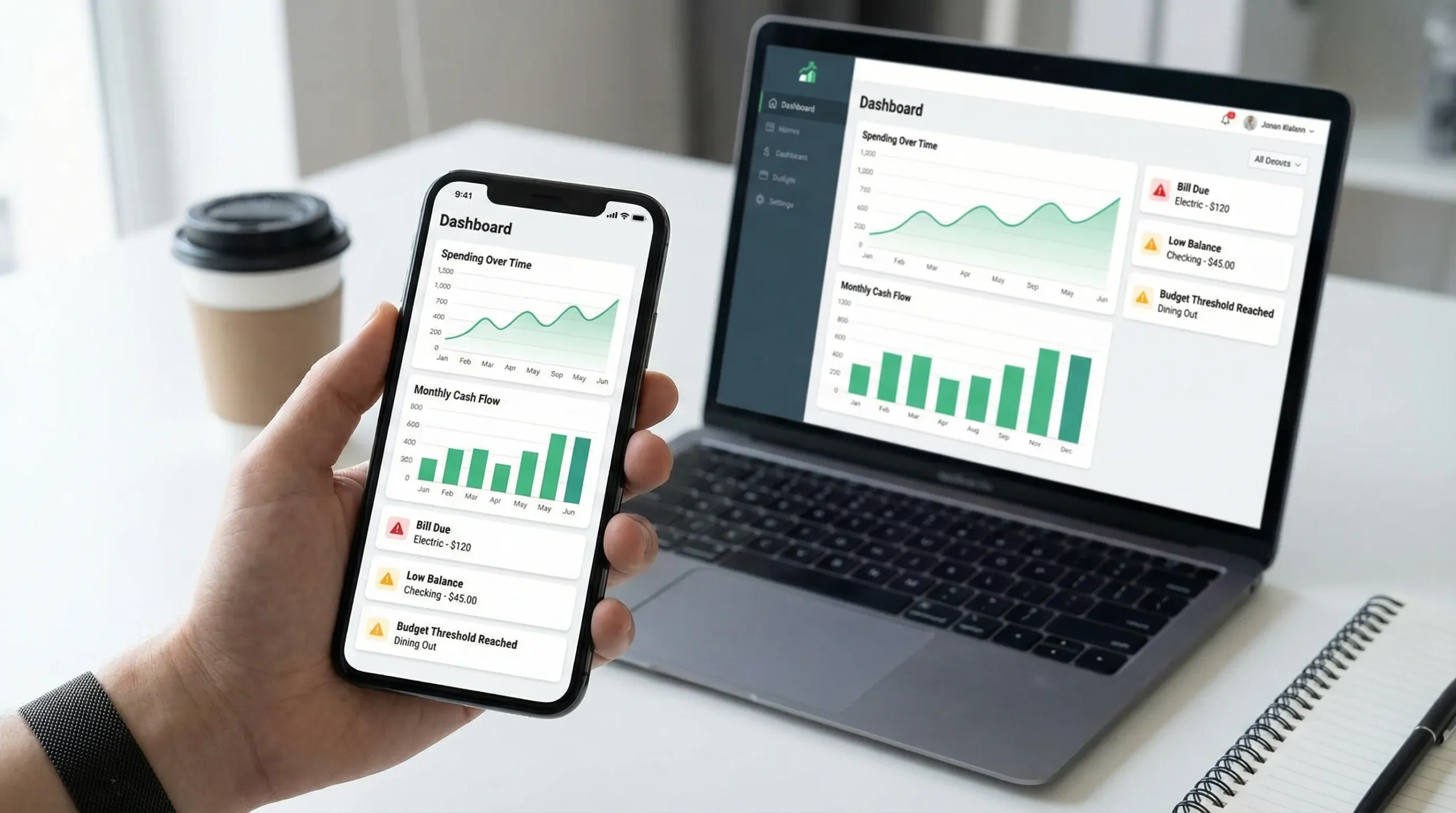 Best Money Tracking App: Must-Have Reports and Alerts 2 An illustration of a personal finance dashboard showing spending and cash flow charts with a small set of clear notification cards for bill due, low balance, and budget threshold, presented in a clean mobile and desktop layout.