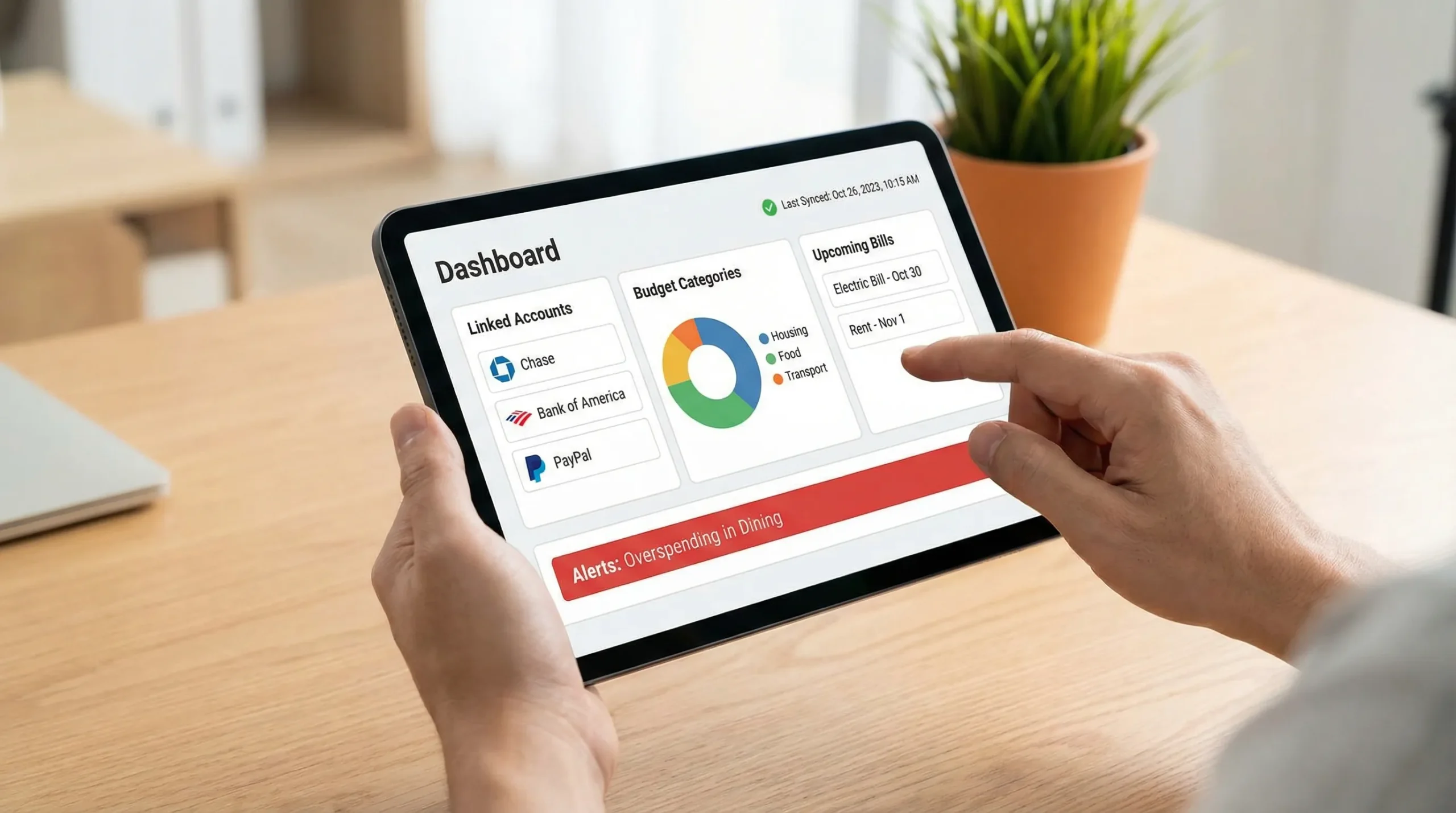 A budgeting dashboard concept showing linked accounts, budget categories, upcoming bills, and alerts, with a clear “last synced” timestamp and a reconciliation checkmark.