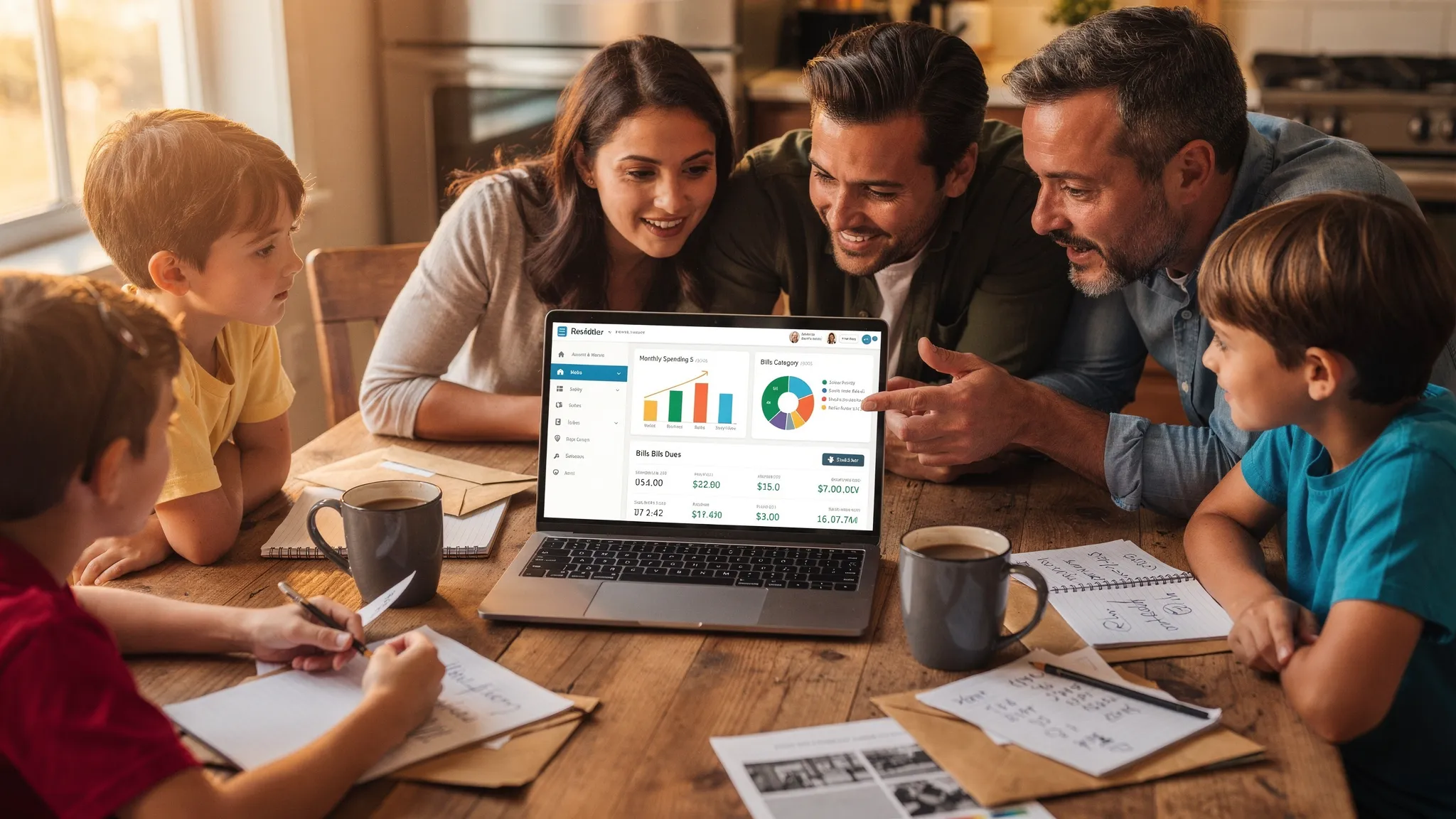Best Family Accounting Software: What Busy Homes Need 2 A busy family reviewing a shared personal finance dashboard on a laptop at a kitchen table, with clear charts for monthly spending by category, a bills due list, and account balances shown on the screen.