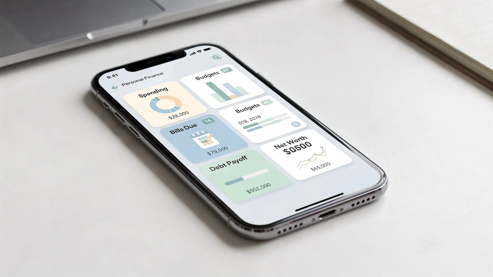 A clean personal finance dashboard concept on an iPhone showing tiles for spending, budgets, bills due, debt payoff, and net worth, with simple charts and notification icons.