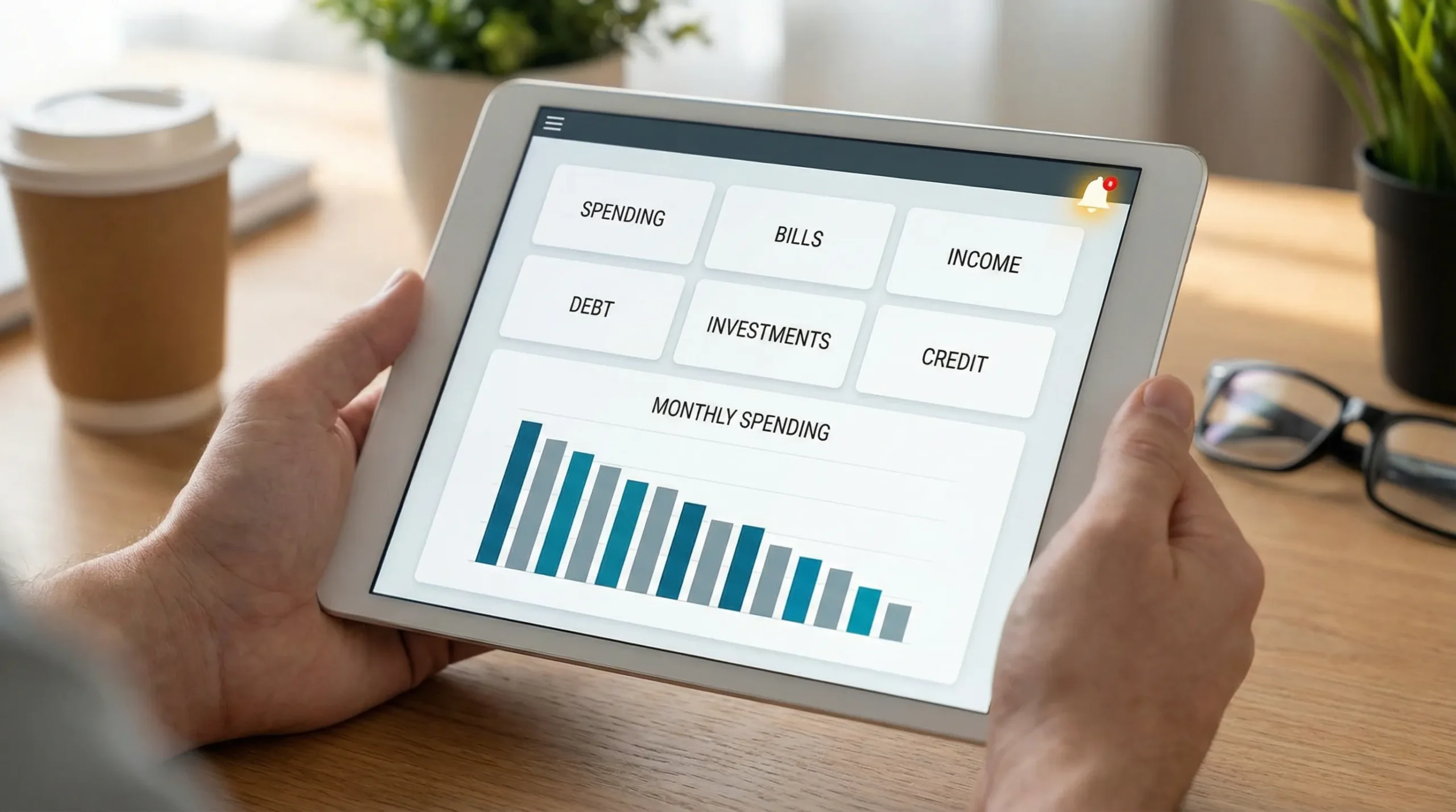 A clean personal finance dashboard concept showing tiles for “Spending”, “Bills”, “Income”, “Debt”, “Investments”, and “Credit”, with a monthly spending chart and a small alerts bell icon.