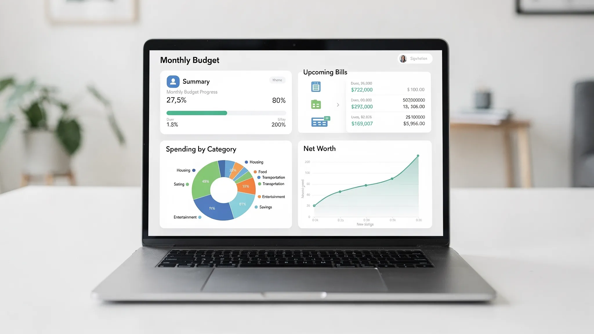 Best Budget Planner: How to Plan a Month You Can Follow 3 A clean personal finance dashboard layout showing summary cards for monthly budget progress, upcoming bills, spending by category, and net worth trend, displayed on a laptop screen facing the viewer.