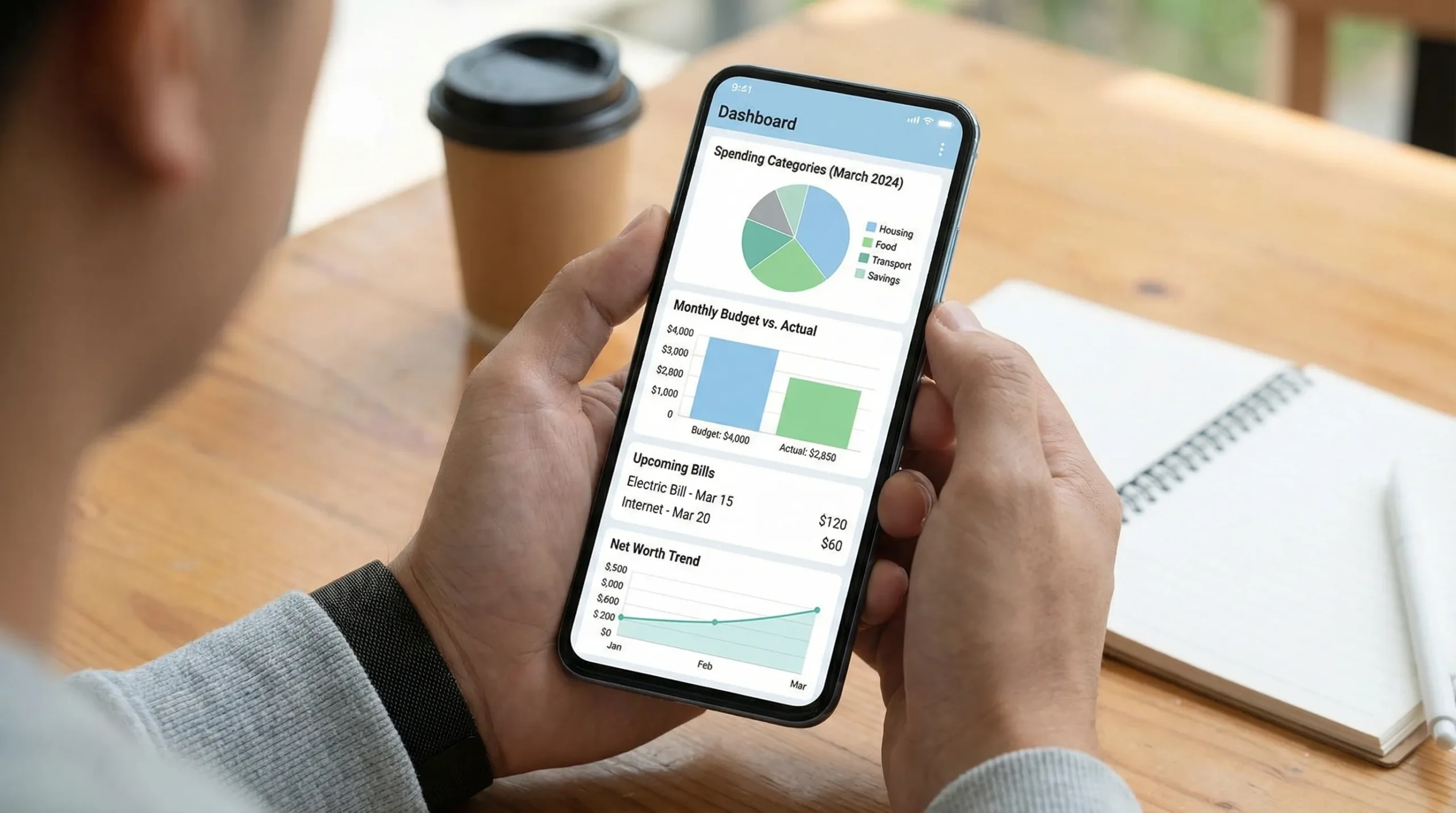 A clean personal finance dashboard showing spending categories, a monthly budget vs actual chart, upcoming bills, and a simple net worth trend line, presented in a neutral app UI style.