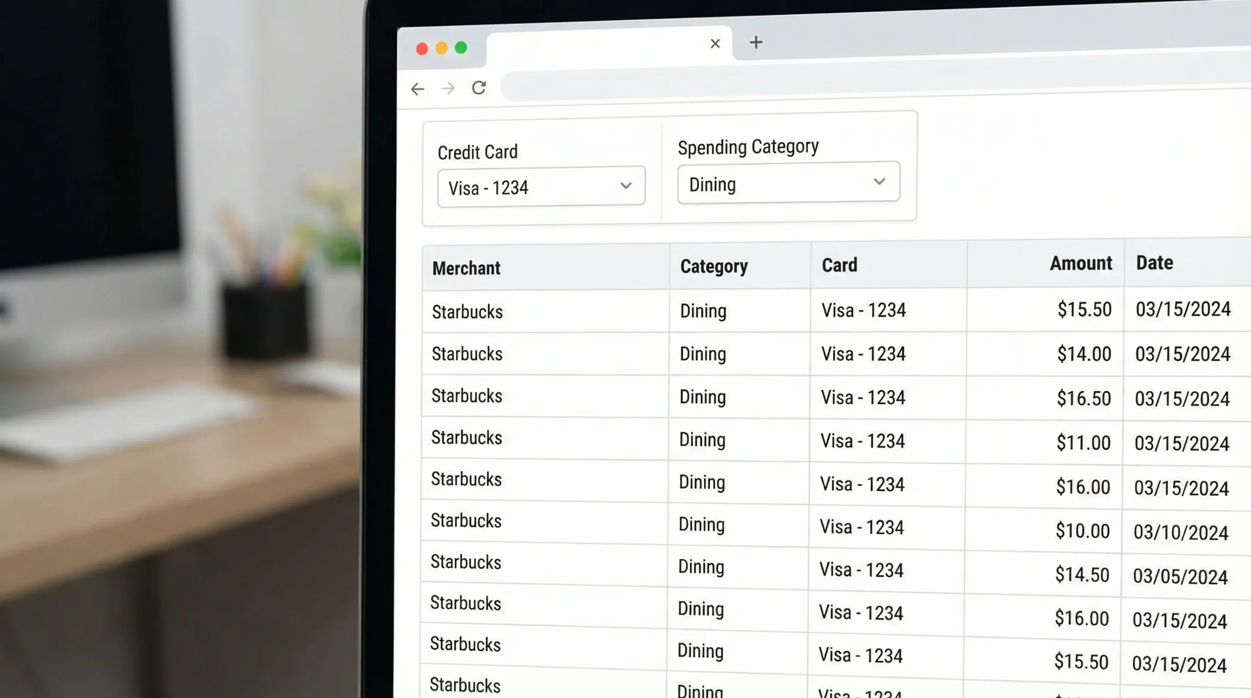 Credit Card Budget App: Track Spending by Card and Category 3 A close-up report view showing a table with columns for Merchant, Category, Card, Amount, and Date, with filters at the top for selecting a specific credit card and a spending category like “Dining.”
