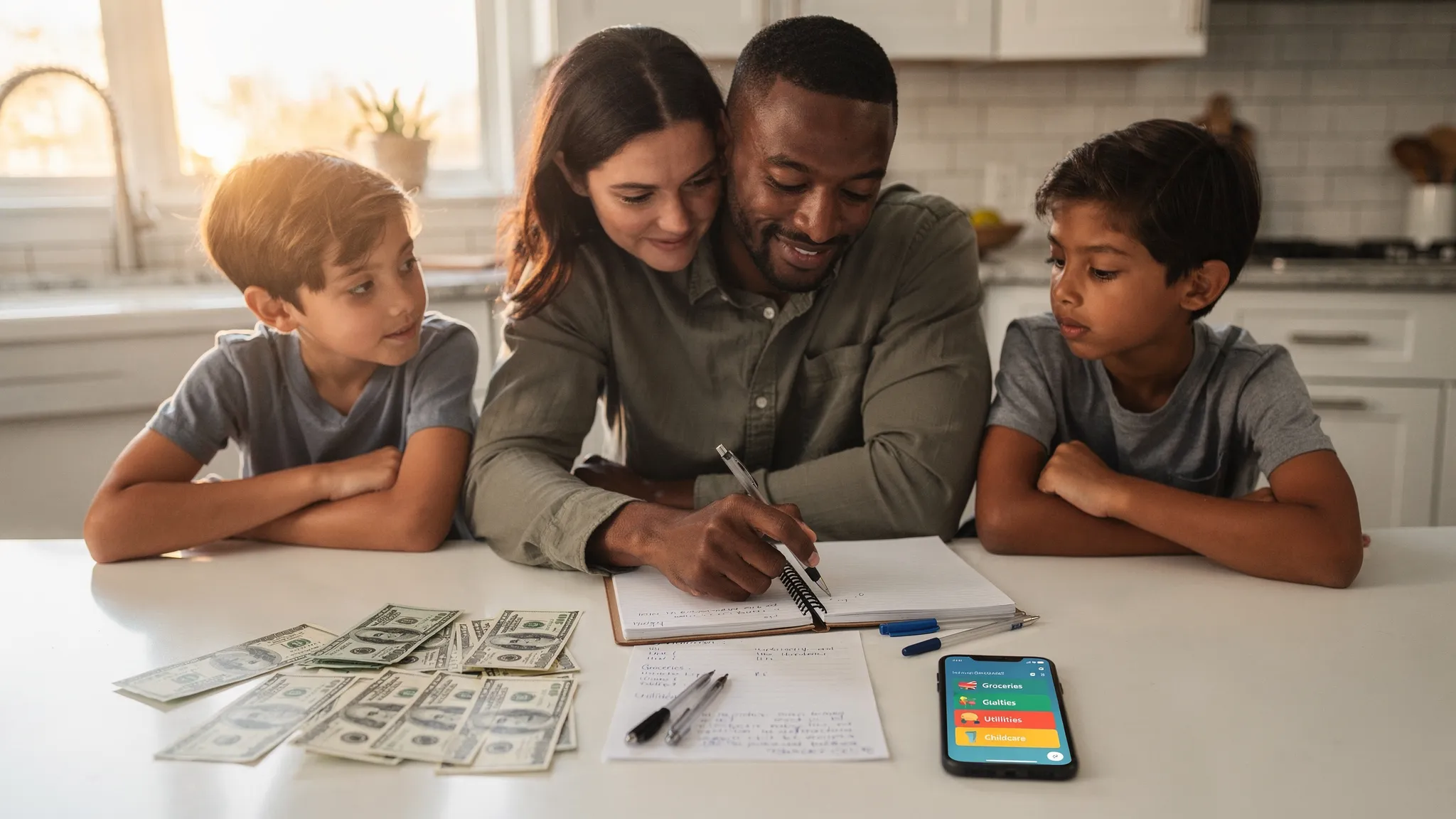 A couple and two kids at a kitchen table with bills, a notebook, and a phone showing a budgeting app; they are discussing categories like groceries, utilities, and childcare with a calm, organized mood.
