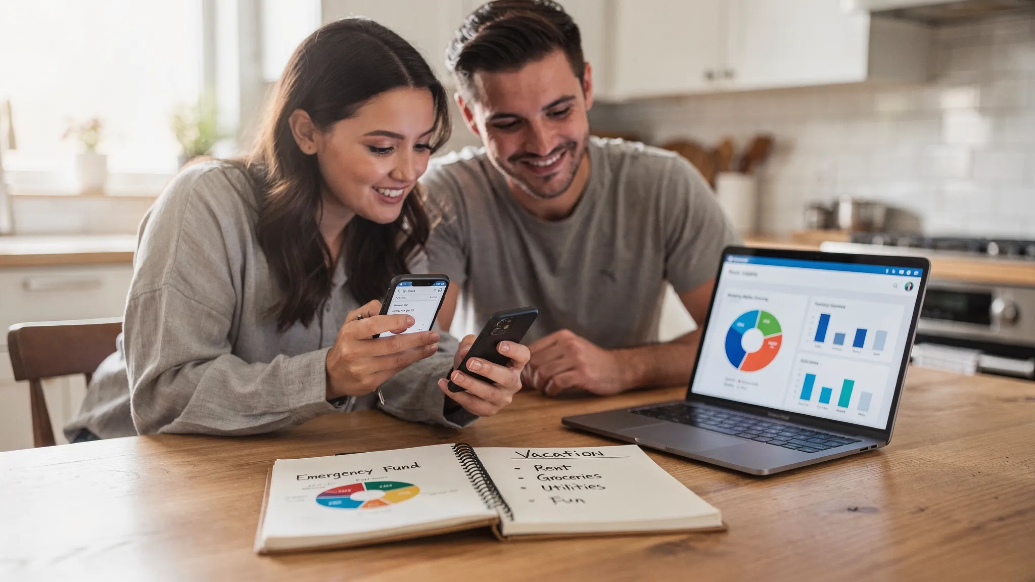 Best Budget App for Couples: Avoid These Setup Mistakes 2 A couple sitting at a kitchen table reviewing a budgeting app on a phone and a laptop, with a notebook showing shared goals like “Emergency Fund” and “Vacation,” and simple spending categories.
