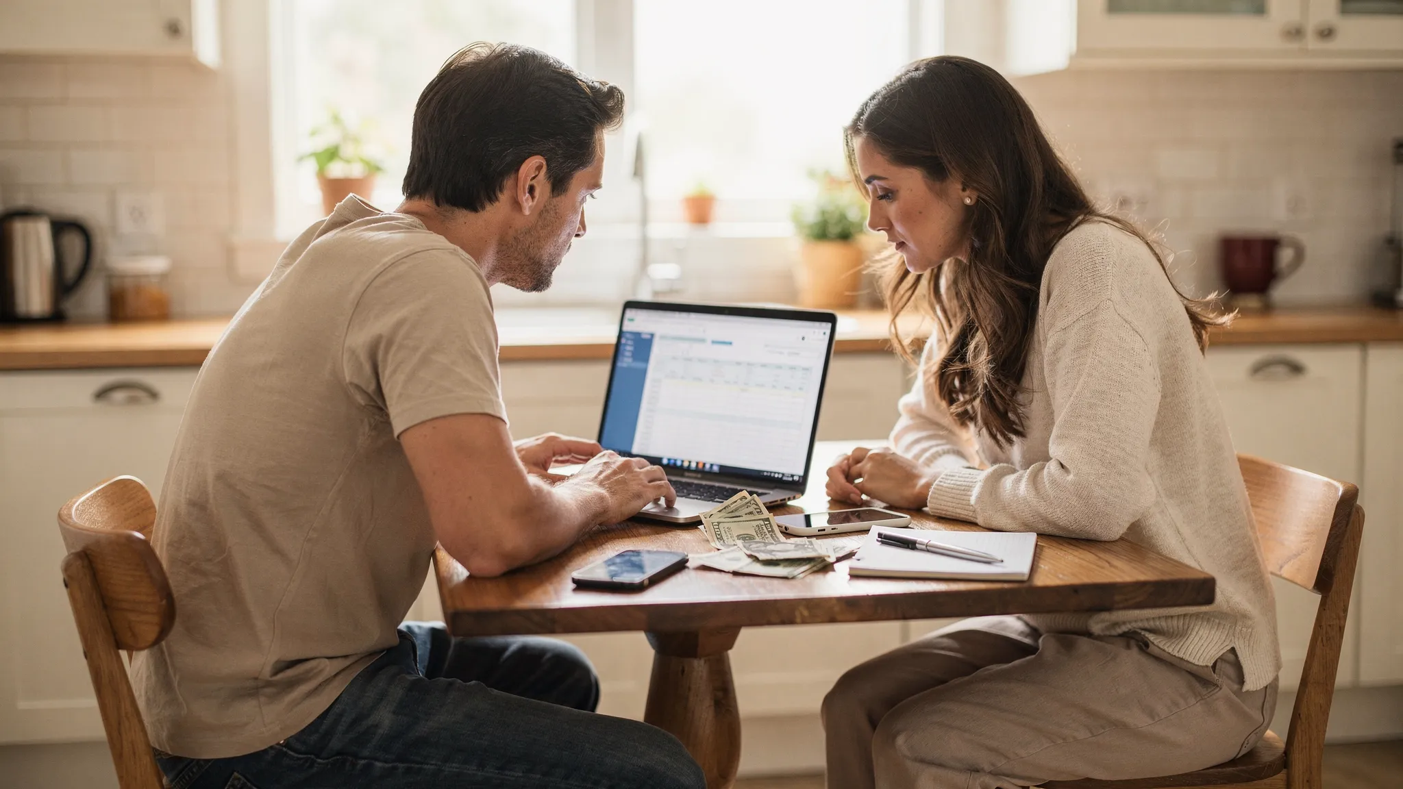 A couple sitting at a kitchen table reviewing a monthly budget together on a laptop, with a phone and a few paper bills beside them, both looking at the same screen and discussing upcoming expenses.