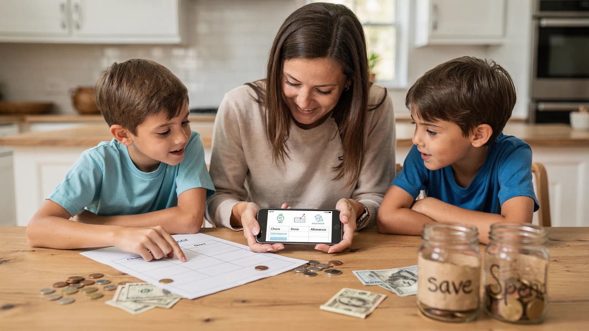 Budget Apps for Families: Allowances, Groceries, and Bills 2 A parent and two kids at a kitchen table reviewing a simple allowance tracker on a phone and a printed chore chart nearby, with coins and a small jar labeled “save” and “spend.”