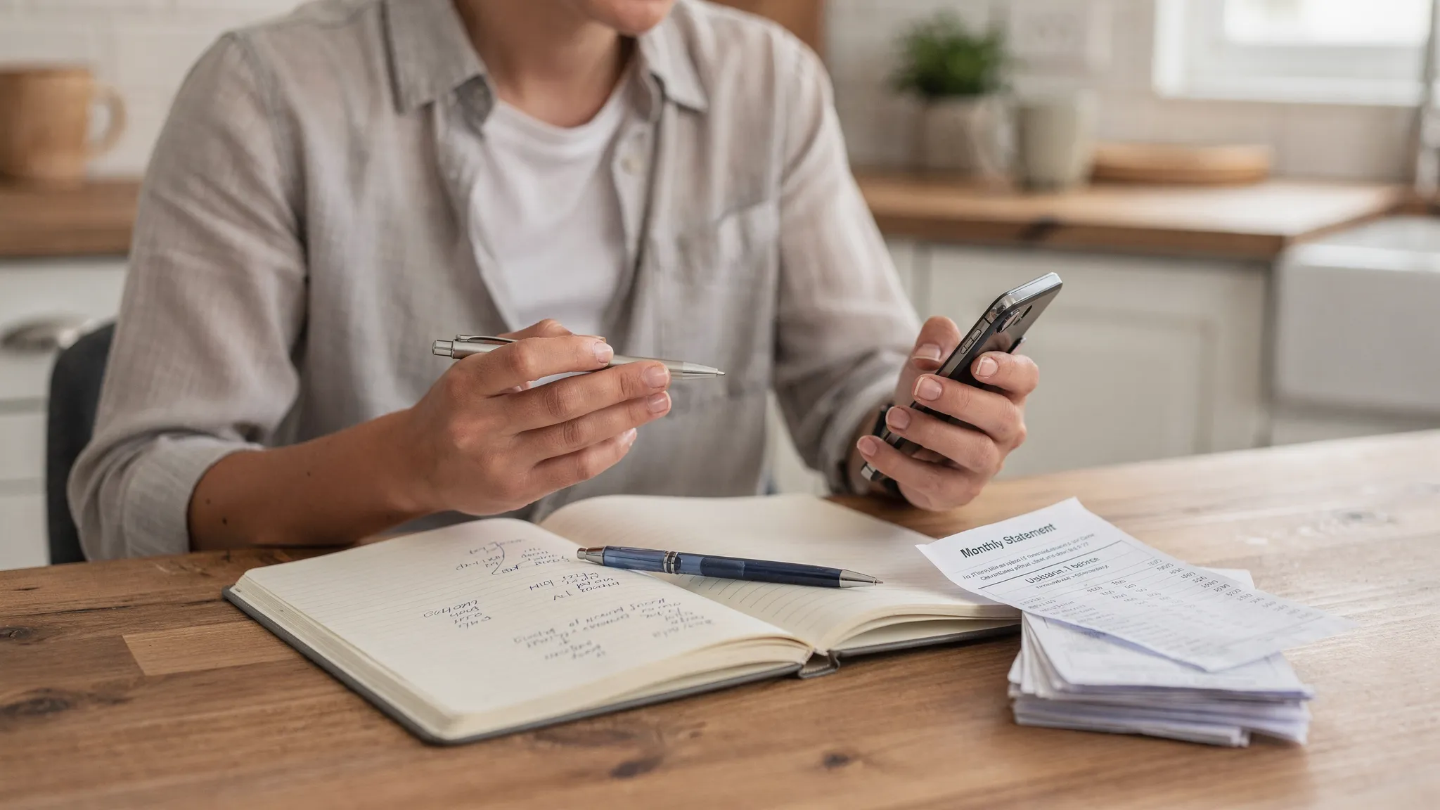 Best Money Apps: Budget, Bills, Credit and Net Worth 3 A person at a kitchen table reviewing upcoming bills and monthly budget on a phone, with a notebook and a few paper statements nearby, conveying calm and organized personal finance planning.