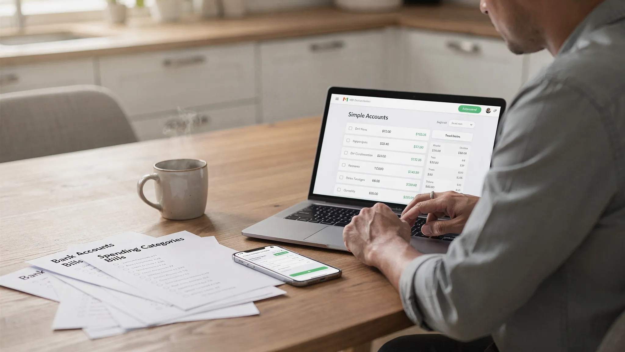 Budget App Reviews: How to Test an App Before You Commit 2 A person at a kitchen table with a phone and an open laptop, checking a simple budget app testing checklist. The scene shows bank accounts, bills, and spending categories written on paper next to a coffee mug.