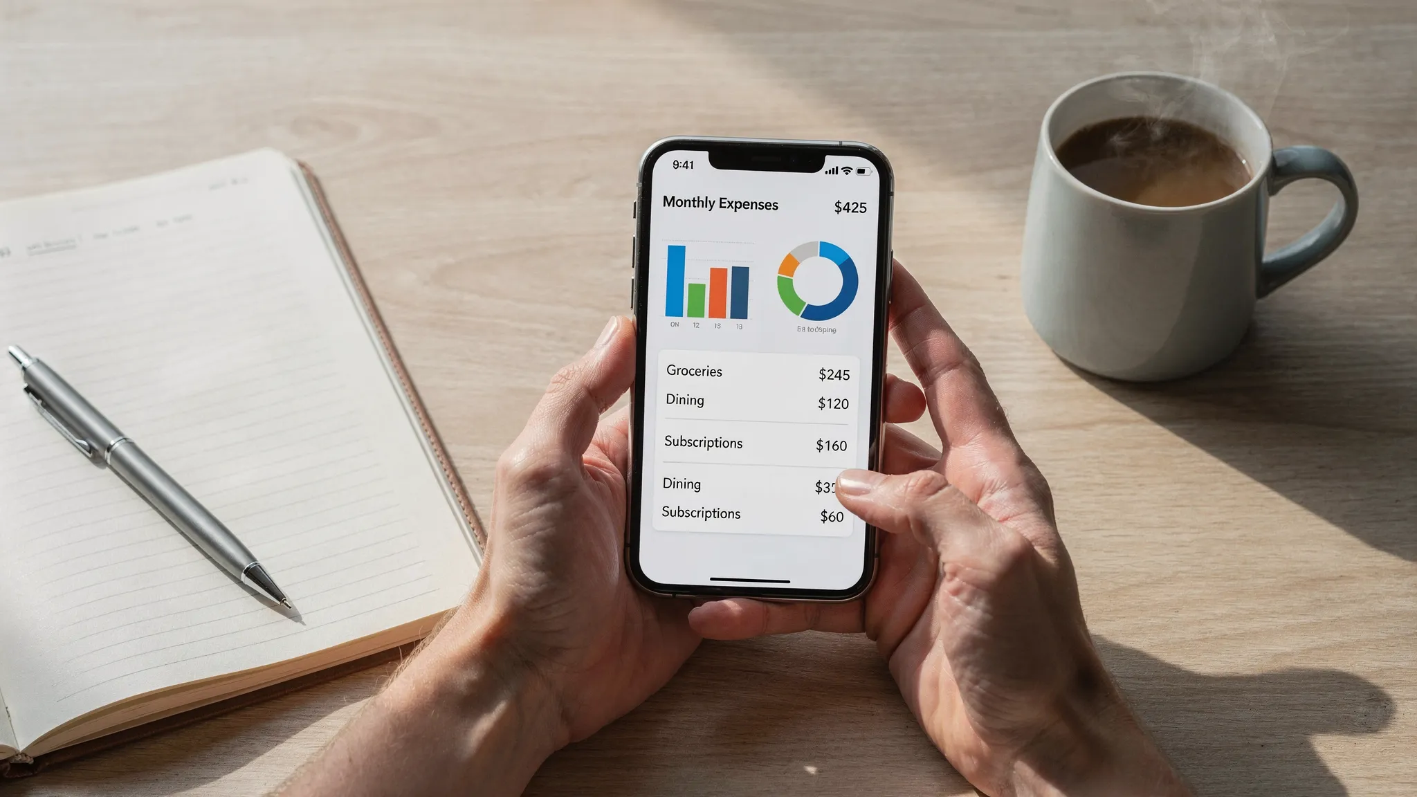 A person reviewing an expense tracking dashboard on a smartphone next to a notebook and coffee mug, with category totals like groceries, dining, and subscriptions shown as simple charts on the phone screen, screen facing the viewer.