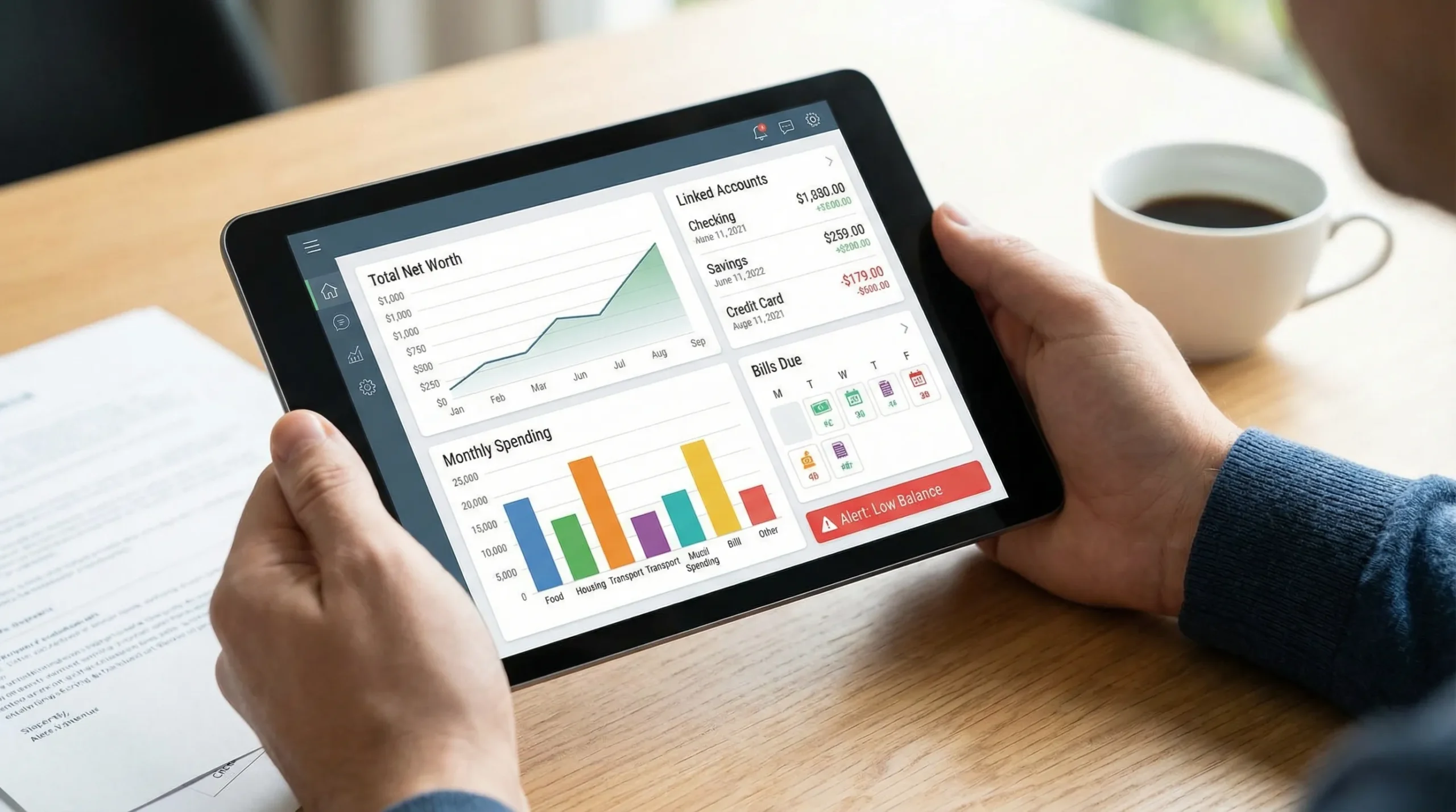 A personal finance dashboard concept showing linked accounts, category spending bars, upcoming bills, and alerts in one clean view.