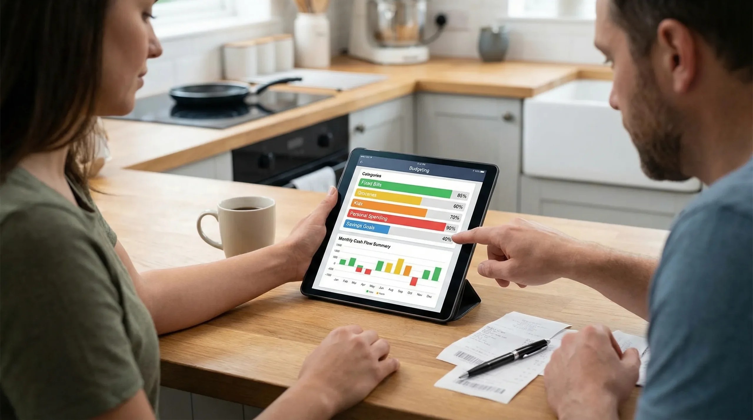 A shared household budgeting dashboard concept showing categories like Fixed Bills, Groceries, Kids, Personal Spending, and Savings Goals, with simple progress bars and a monthly cash flow summary.