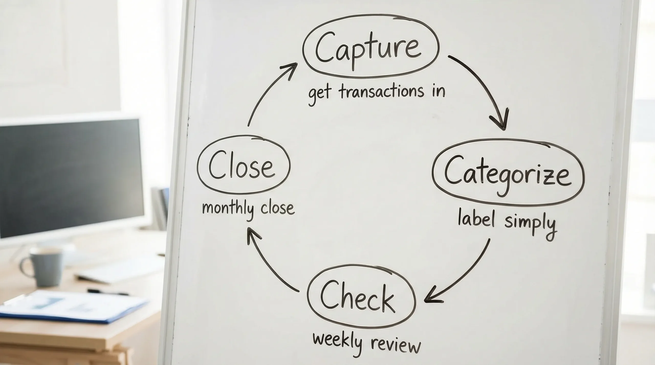 Track Income and Expenses: A Simple System That Sticks 2 A simple 4-step cycle diagram labeled Capture, Categorize, Check, Close, arranged in a circle with short notes under each step: “get transactions in,” “label simply,” “weekly review,” “monthly close.”