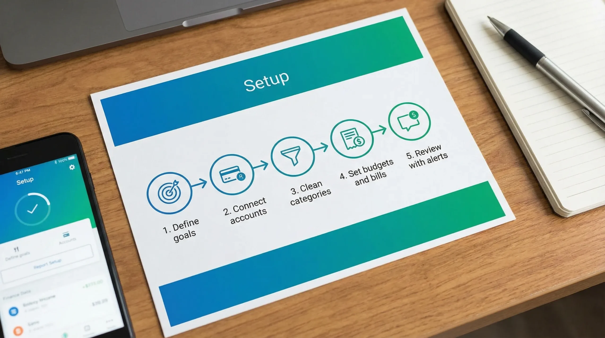 A simple 5-step flow diagram showing personal finance app setup: Define goals, Connect accounts, Clean categories, Set budgets and bills, Review with alerts.