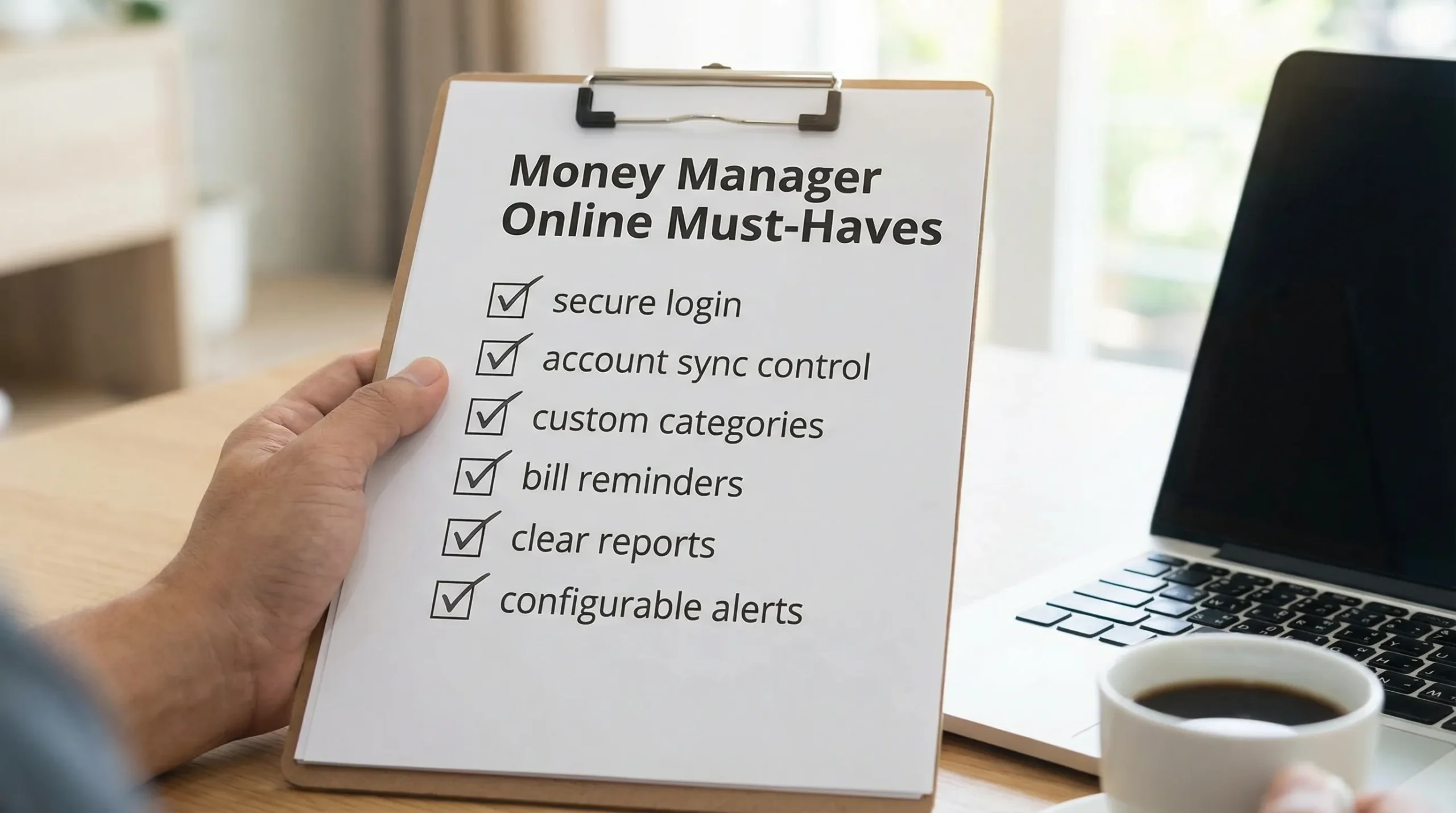 A simple checklist graphic titled “Money Manager Online Must-Haves” with boxes for secure login, account sync control, custom categories, bill reminders, clear reports, and configurable alerts.