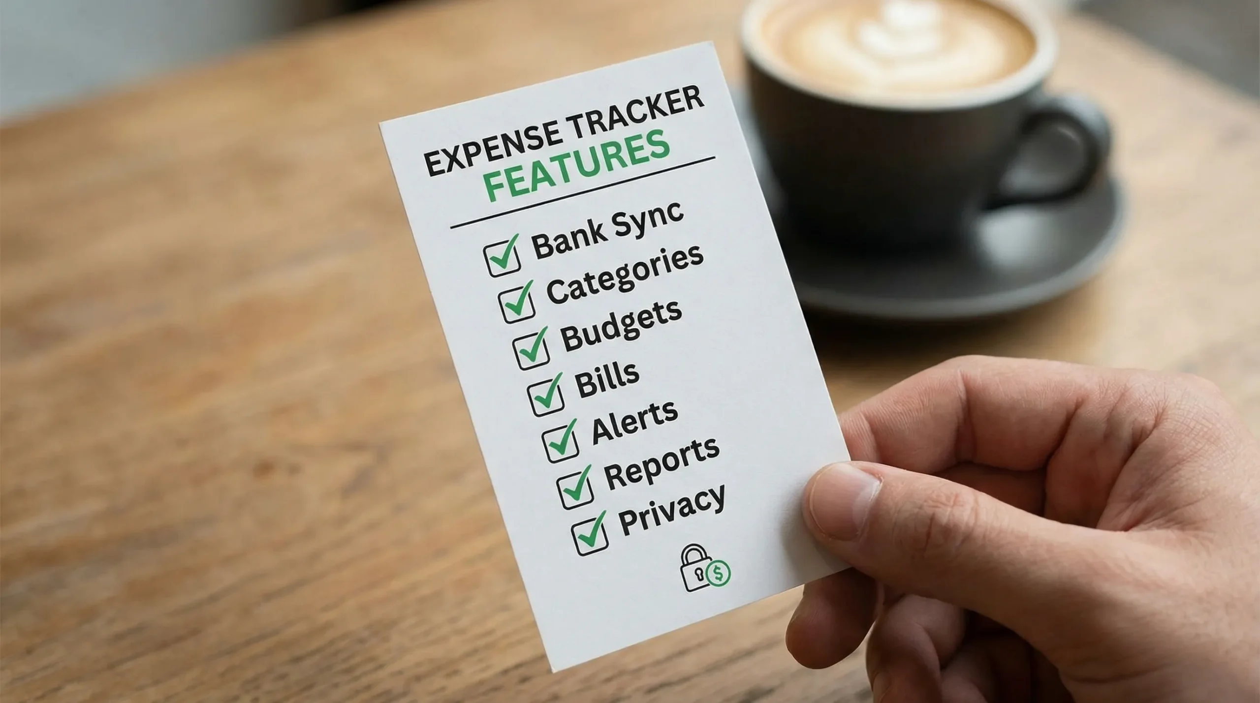 A simple checklist-style graphic showing key expense tracker features like bank sync, categories, budgets, bills, alerts, reports, and privacy, arranged as a compact comparison card.