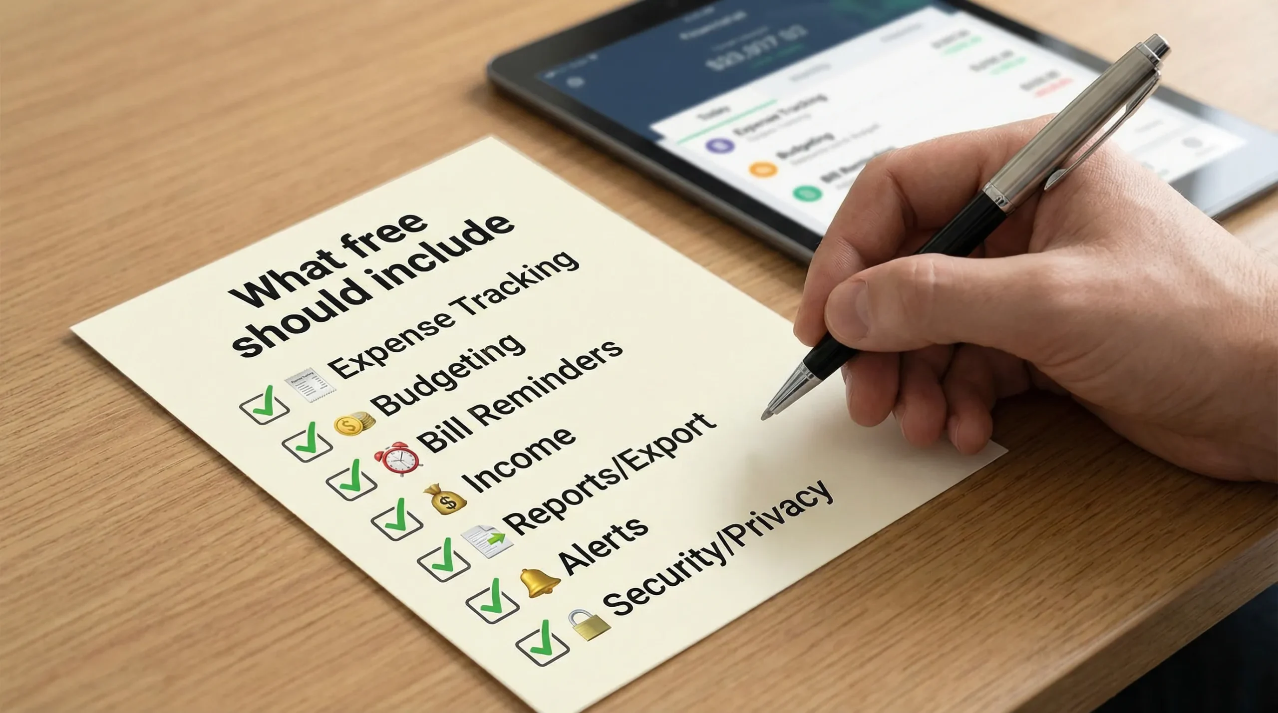 Free Finance Management App: What “Free” Should Include 2 A simple checklist-style graphic showing “What free should include” with icons for expense tracking, budgeting, bill reminders, income, reports/export, alerts, and security/privacy.
