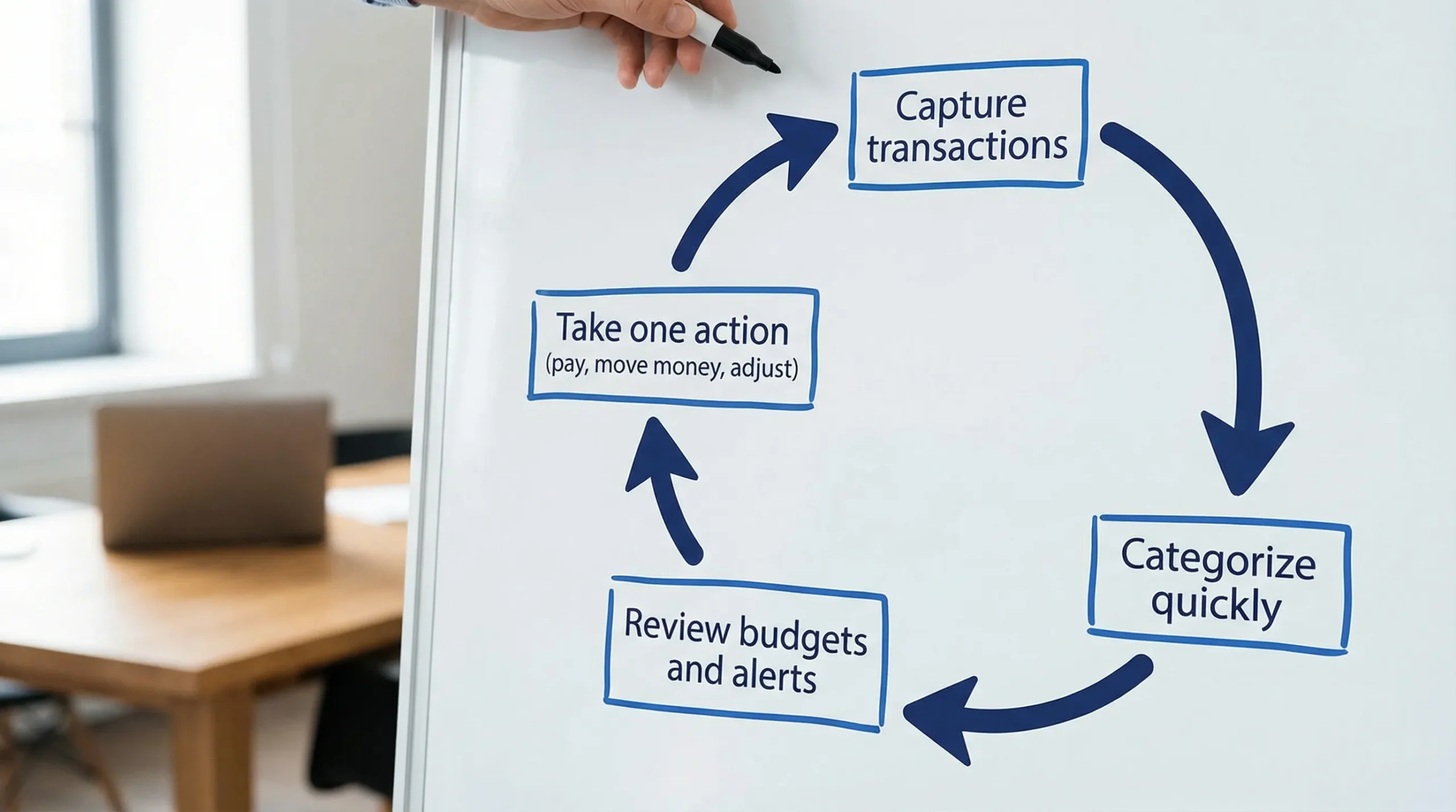 A simple circular workflow diagram with four labeled steps: Capture transactions, Categorize quickly, Review budgets and alerts, Take one action (pay, move money, adjust). The arrows form a loop to show a daily routine.