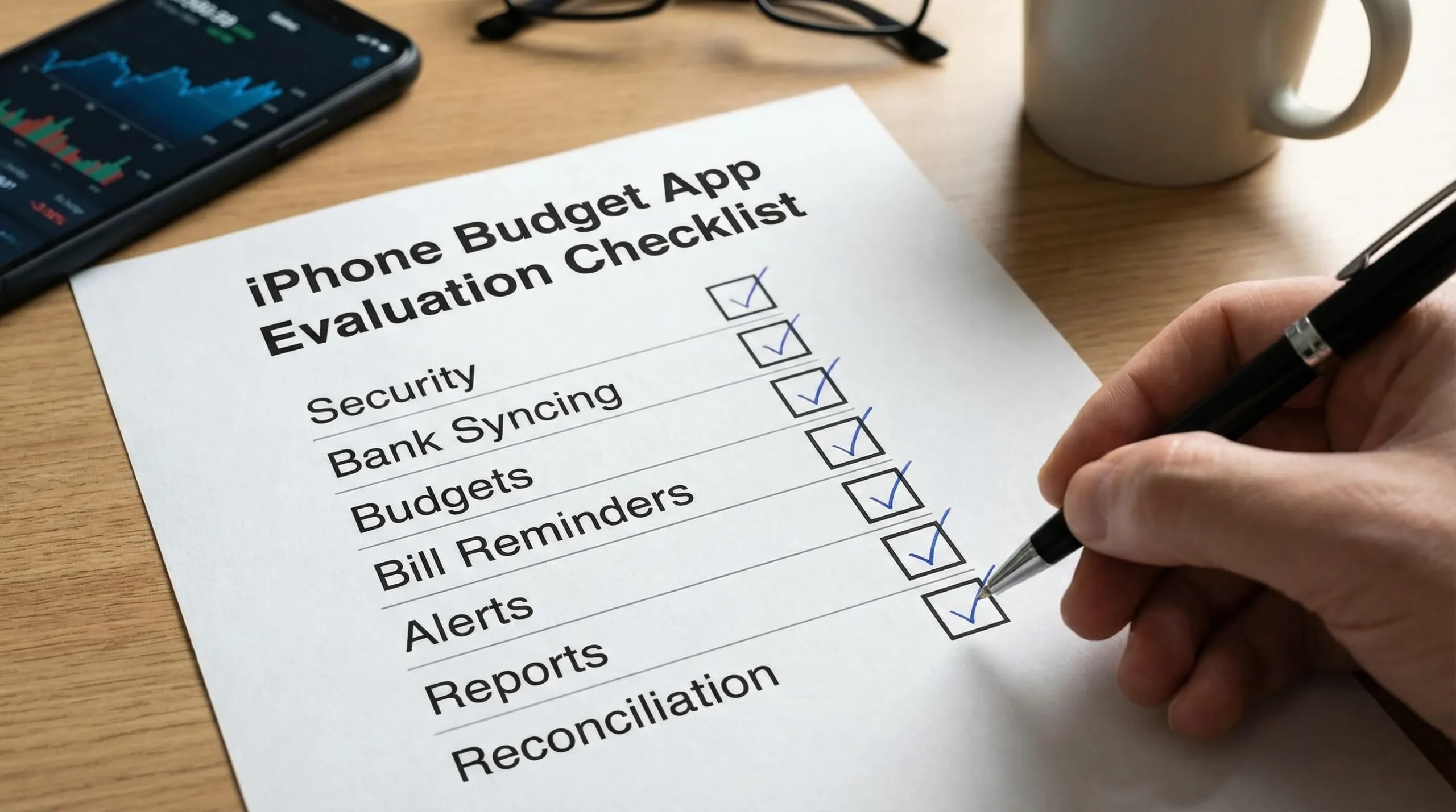A simple comparison checklist graphic showing an iPhone budget app evaluation: security, bank syncing, budgets, bill reminders, alerts, reports, and reconciliation as seven labeled checkboxes.