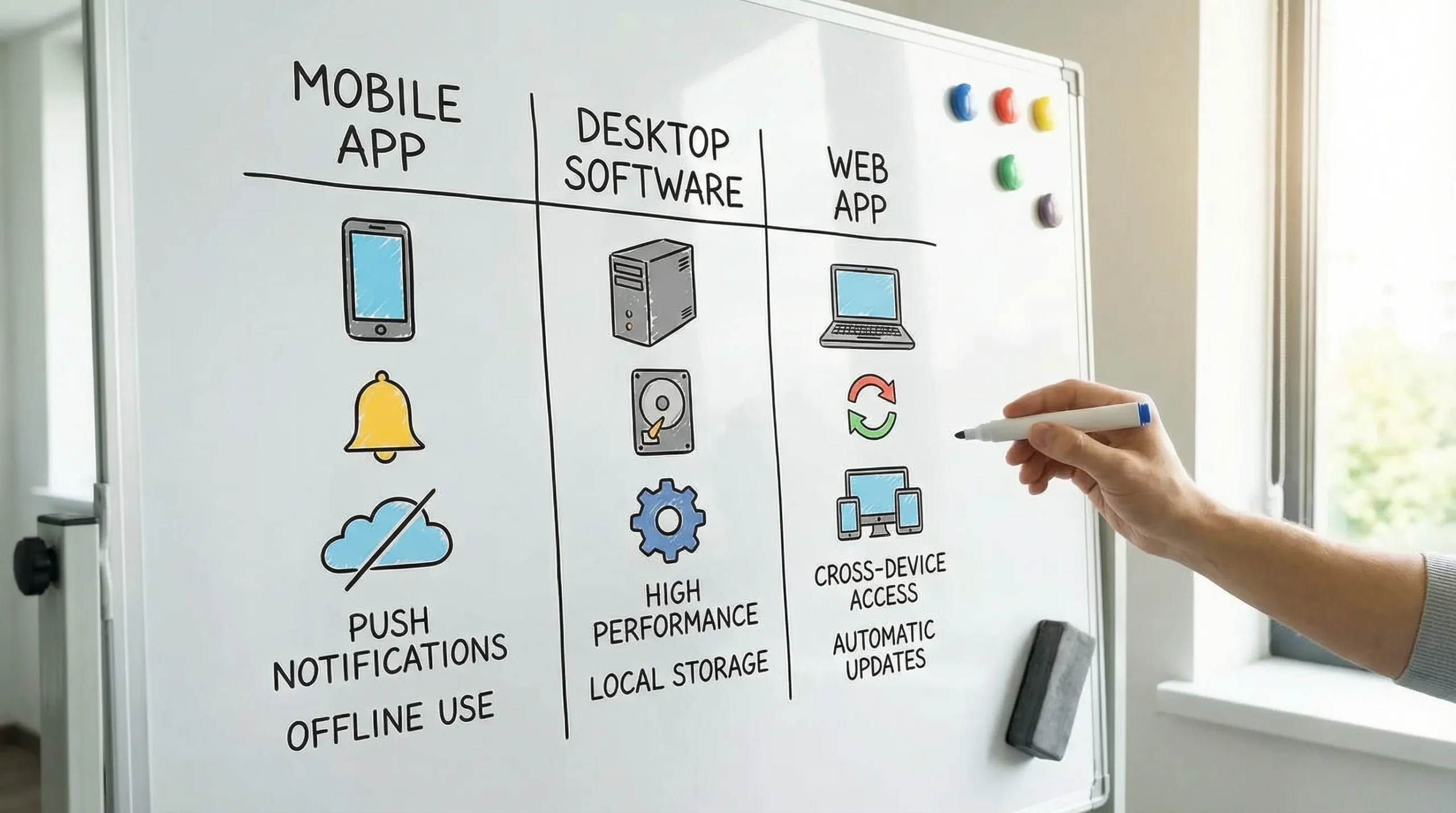 A simple comparison illustration showing three columns labeled Mobile App, Desktop Software, and Web App, each with icons representing key strengths like notifications, offline storage, and cross-device access.