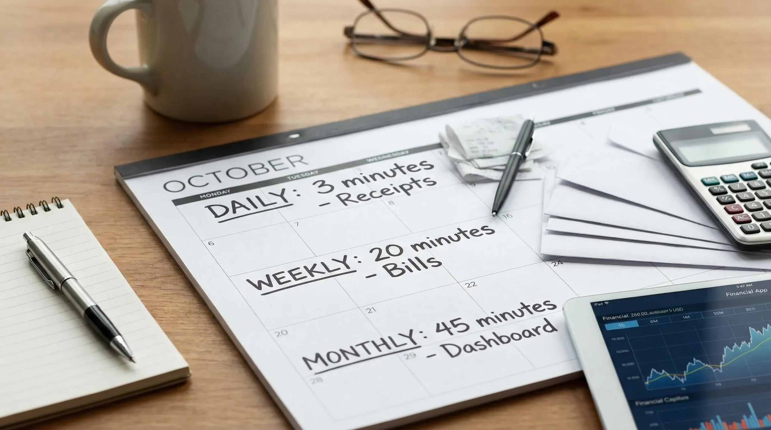A simple daily expense-tracking routine illustrated as a calendar with short check-ins, showing “3 minutes daily,” “20 minutes weekly,” and “45 minutes monthly,” with icons for receipts, bills, and a dashboard.
