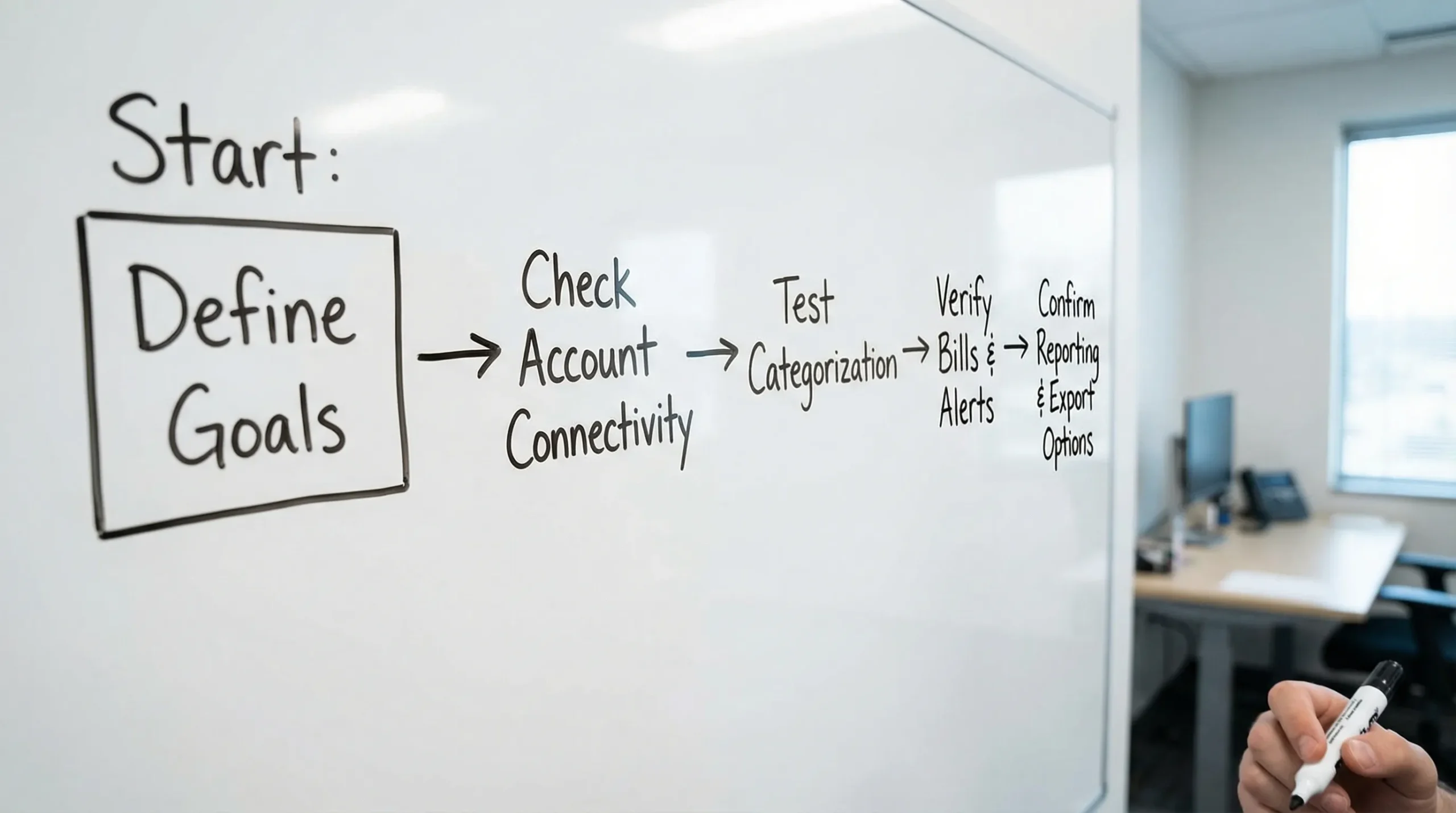 A simple decision flowchart showing how to choose a personal finance program: start with goals, check account connectivity, test categorization, verify bills and alerts, then confirm reporting and export options.