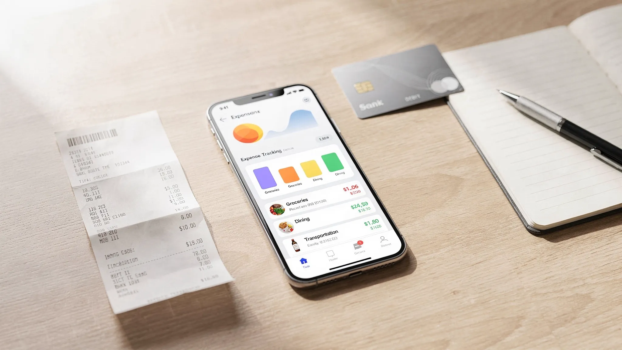 A simple desk scene showing a phone with an expense tracking app open next to a receipt, a debit card, and a small notebook. The app screen shows categories like groceries, dining, and transportation with recent transactions listed clearly.