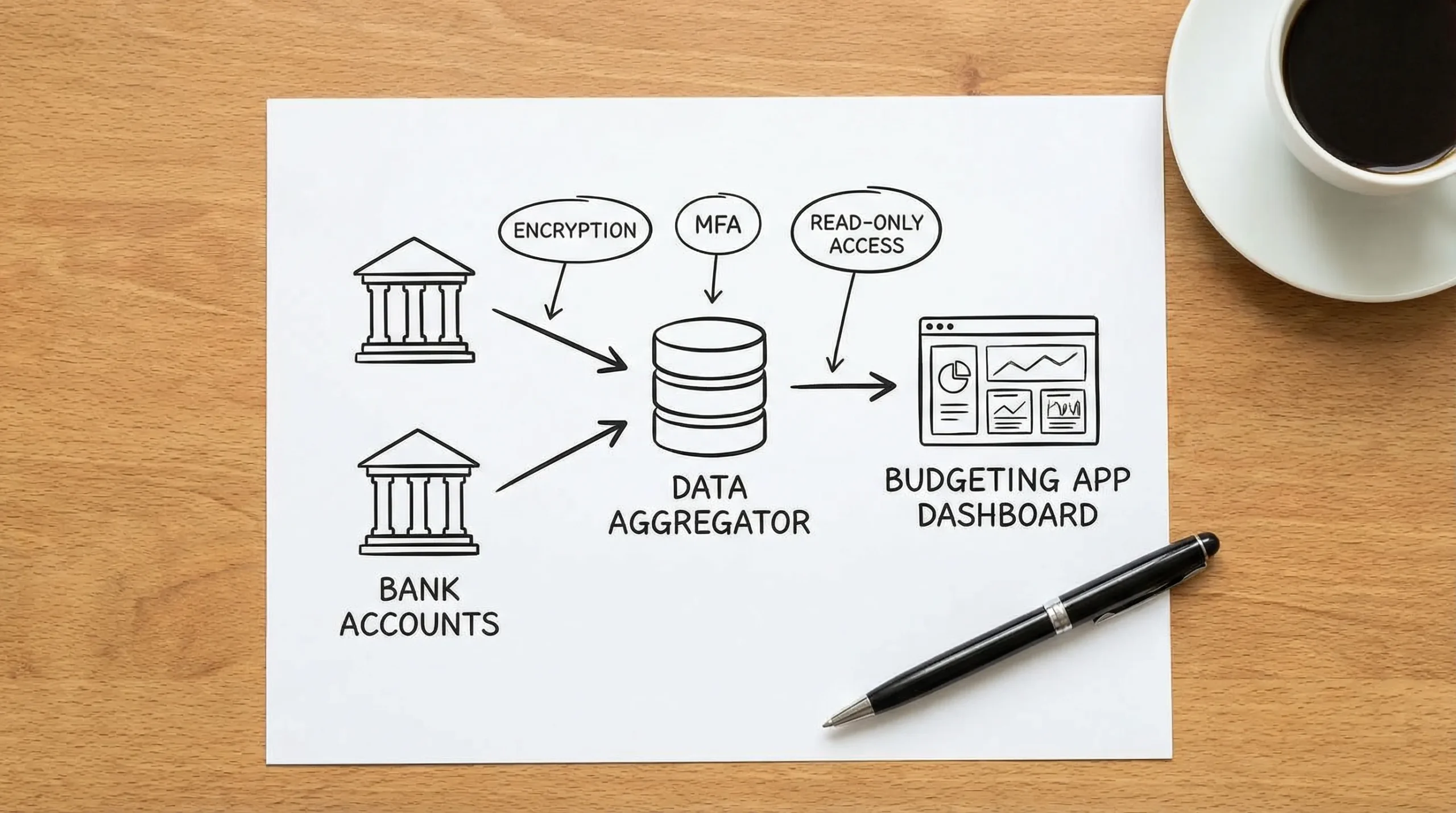 A simple diagram showing bank accounts connecting through a data aggregator to a budgeting app dashboard, with labels for encryption, MFA, and read-only access.