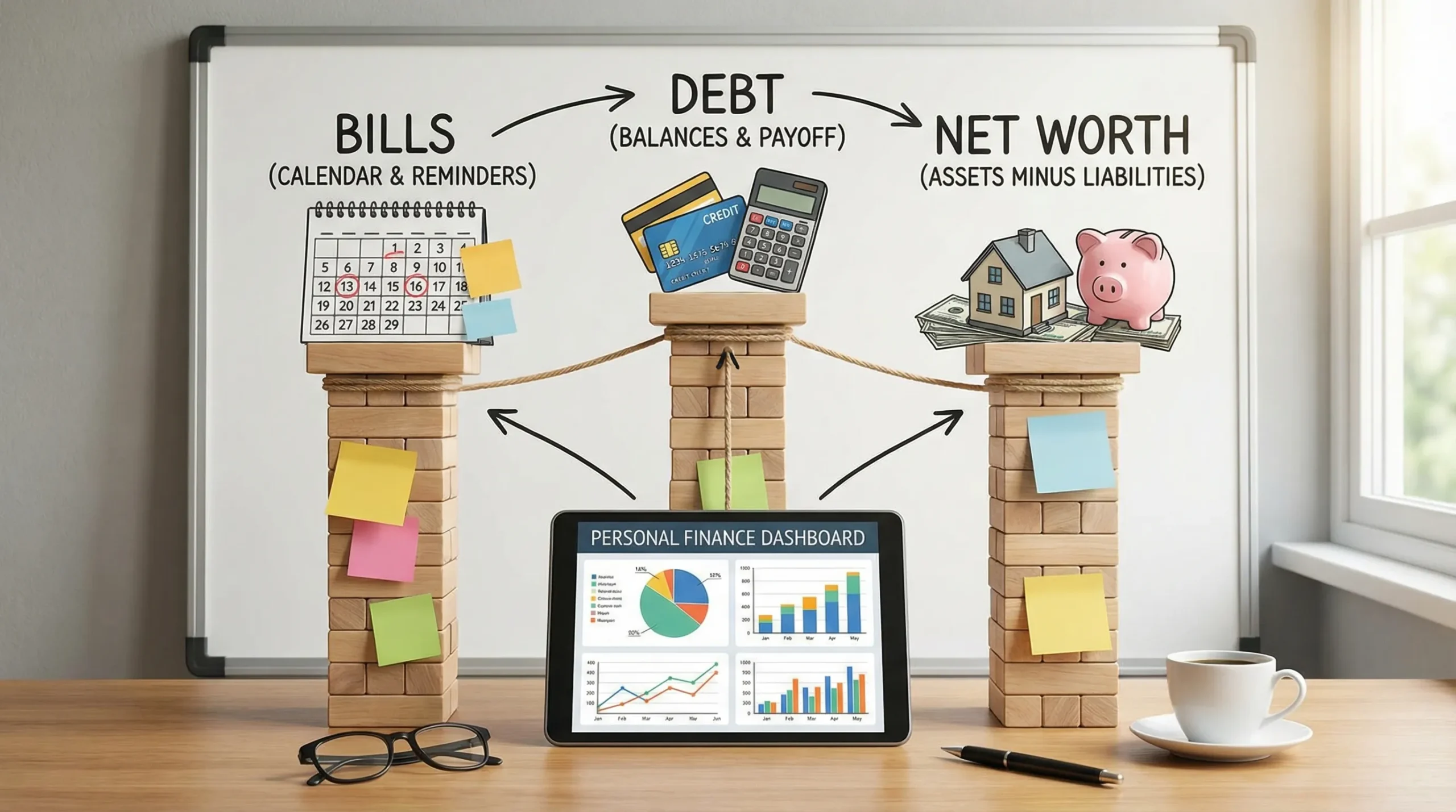 A simple diagram showing home accounting as three connected pillars: bills (calendar and reminders), debt (balances and payoff), and net worth (assets minus liabilities), all feeding into a single personal finance dashboard.