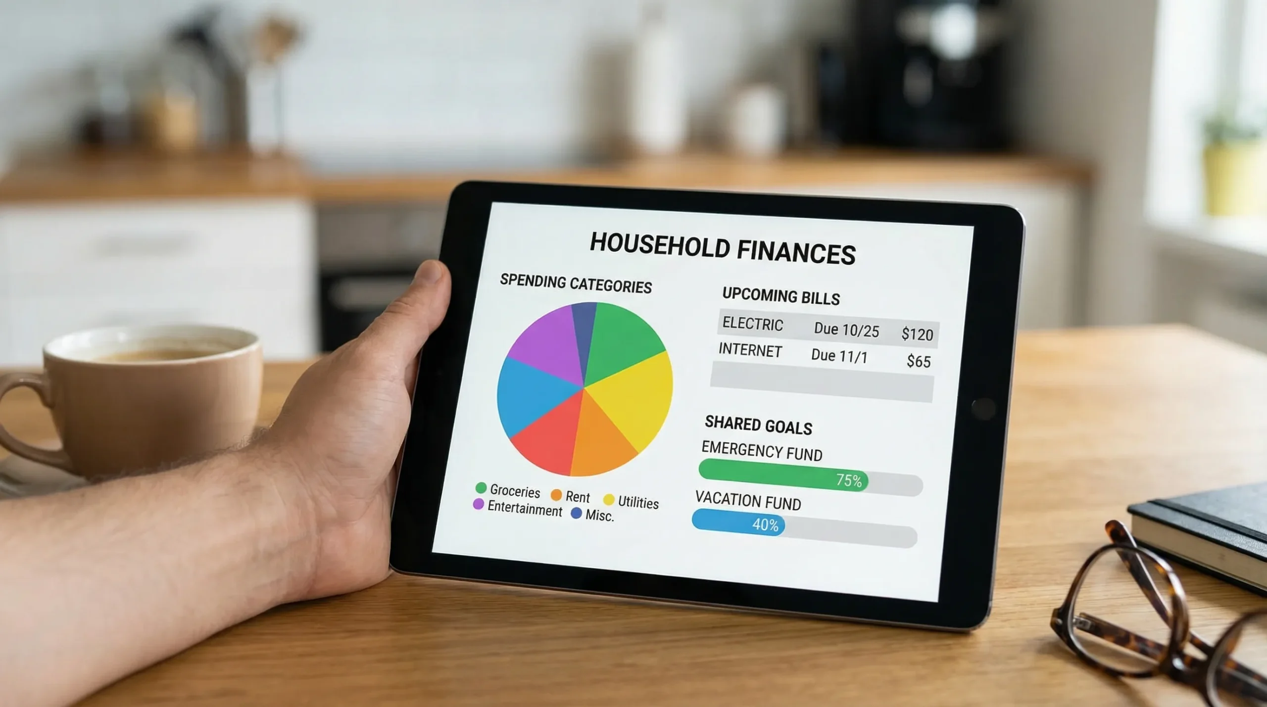 A simple financial dashboard concept showing household spending categories, upcoming bills reminders, and progress bars for shared goals like emergency fund and vacation.