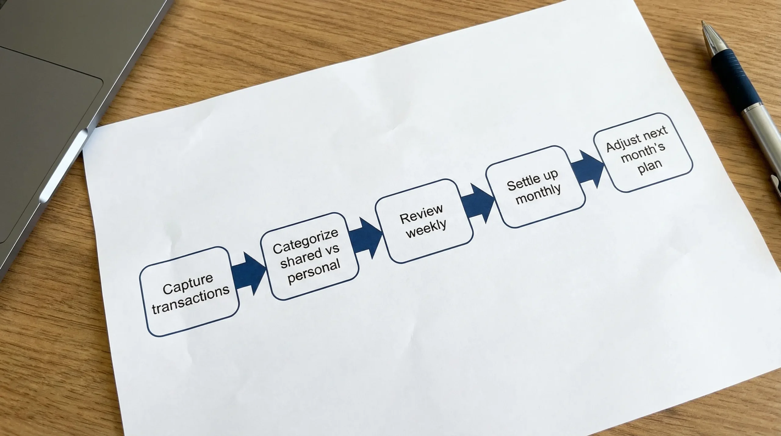 A simple five-step flow diagram showing “Capture transactions” → “Categorize shared vs personal” → “Review weekly” → “Settle up monthly” → “Adjust next month’s plan”.