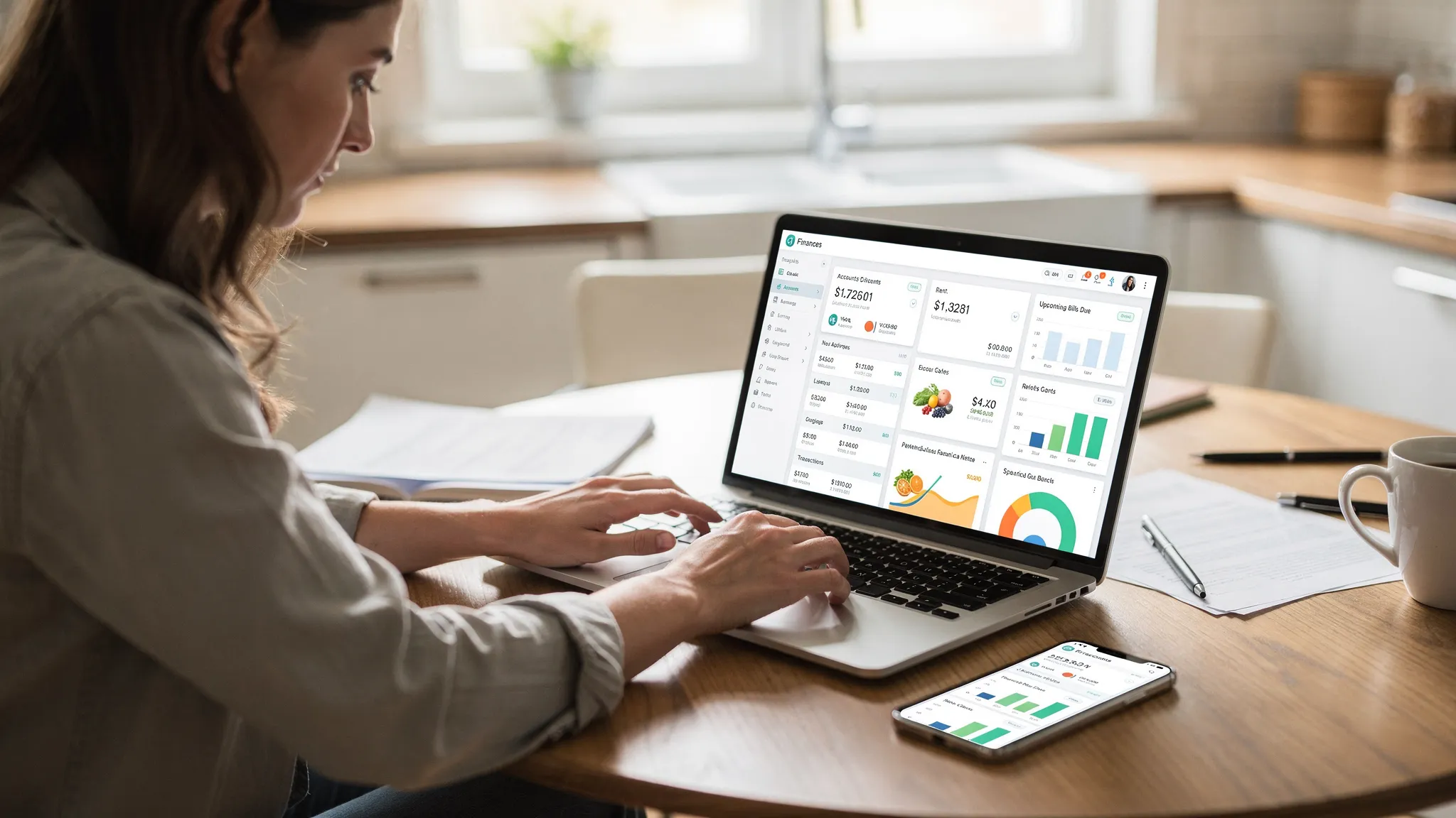 A simple home finance setup scene with a person at a kitchen table reviewing a unified dashboard that shows accounts, recent transactions, bills due, and category spending. The phone and laptop screens face the viewer correctly, with no readable brand names.