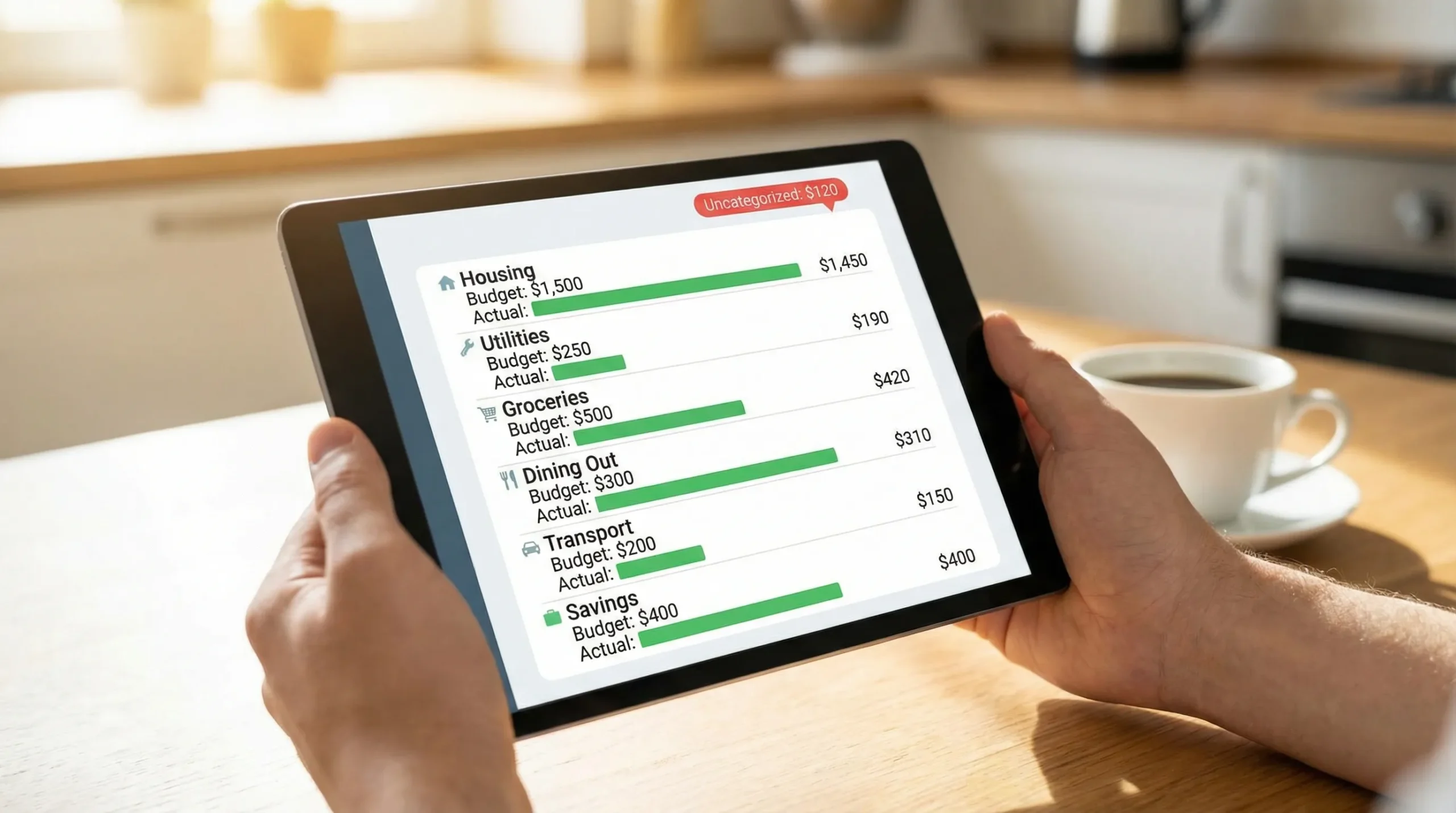 Online Budget Software: Set Up Categories Like a Pro 2 A simple illustration of a budgeting dashboard showing a list of spending categories (Housing, Utilities, Groceries, Dining Out, Transport, Savings) with monthly budget amounts, actual spend bars, and a small “Uncategorized” alert badge.