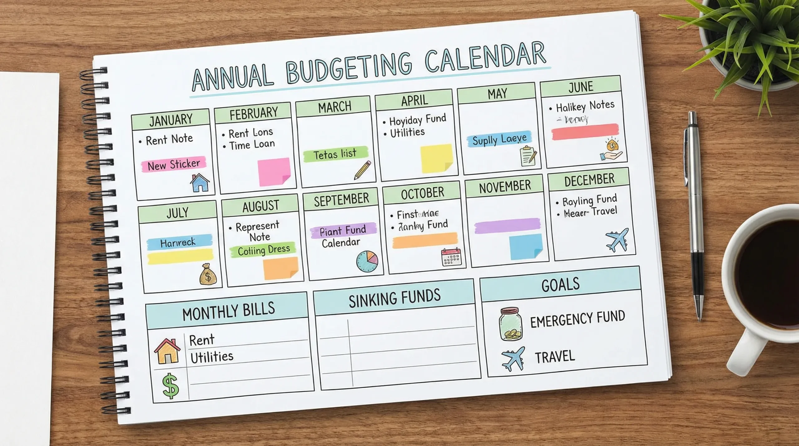 Best Budgeting and Personal Finance Apps for 2026 3 A simple illustration of an annual budgeting calendar with monthly bill due dates, sinking funds for irregular expenses, and icons for goals like emergency fund and travel.